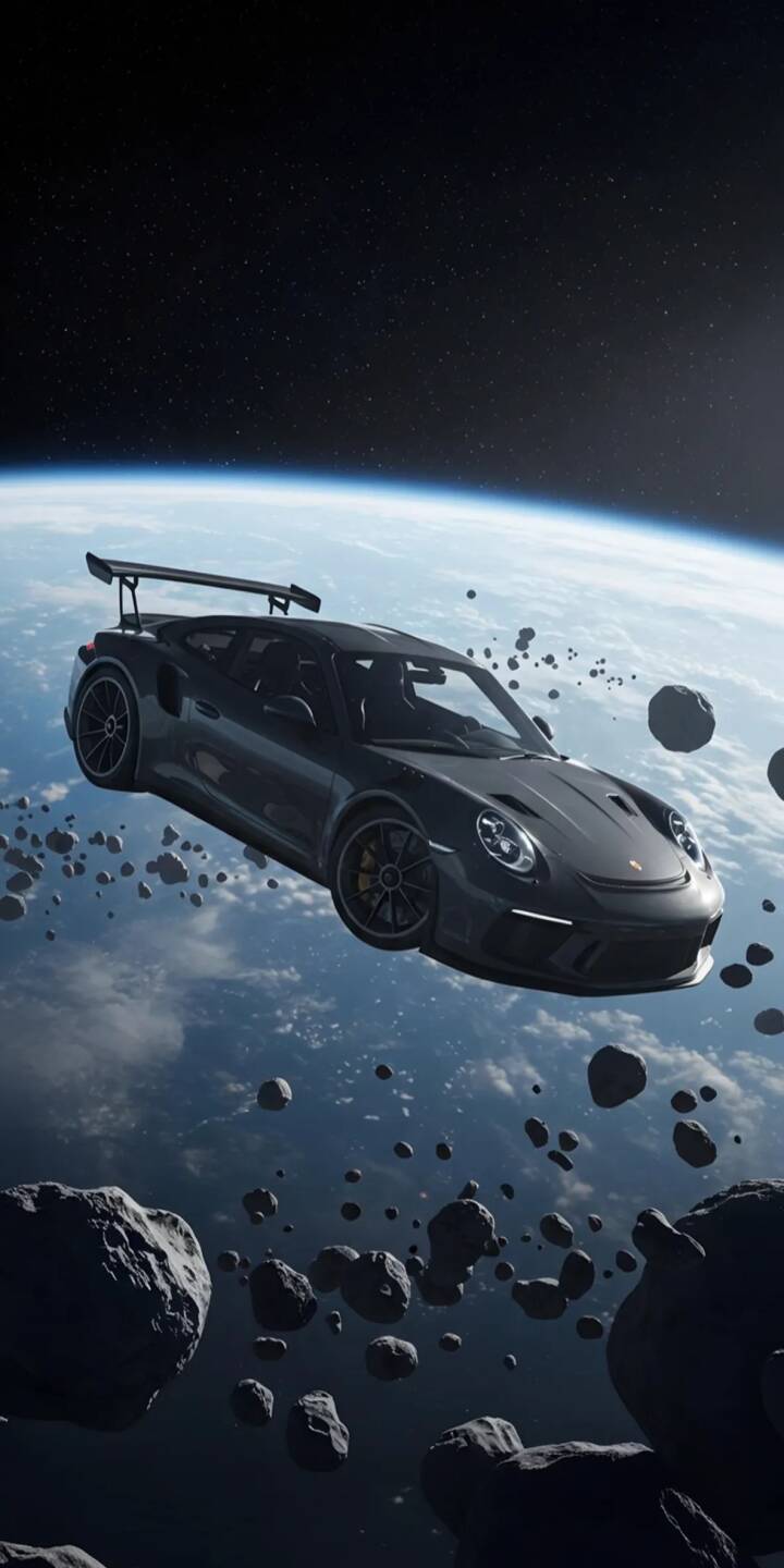 Download this sleek Porsche wallpaper in stunning 4K resolution for your iPhone. Floating against a backdrop of Earth and asteroids, this wallpaper features a black car with a large spoiler. | car sports car vehicle planet iphone porsche black car asteroid mobile 4k wallpaper hd wallpaper automotive Download this sleek Porsche wallpaper in stunning 4K resolution for your iPhone. Floating against a backdrop of Earth and asteroids, this wallpaper features a black car with a large spoiler.