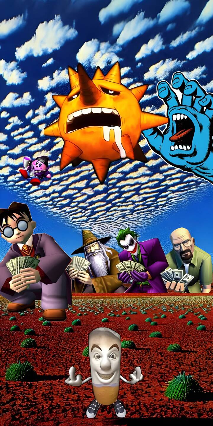 This vibrant 4K wallpaper features a surreal mashup of iconic characters for your iPhone. The image includes a crying sun, a Santa Cruz hand, and a Wizard playing poker with stacks of cash. | joker money iphone walter white harry potter wizard mobile 4k wallpaper hd wallpaper mashup crying sun santa cruz hand This vibrant 4K wallpaper features a surreal mashup of iconic characters for your iPhone. The image includes a crying sun, a Santa Cruz hand, and a Wizard playing poker with stacks of cash.