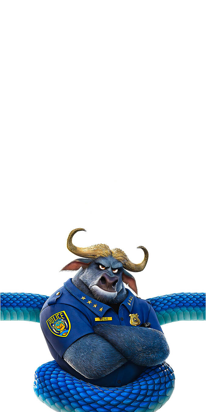 Chief Bogo, the serious and stern cape buffalo police chief of the ZPD (voiced by Idris Elba), is shown with his arms crossed while being comically tangled up by the new character, the blue pit viper Gary De'Snake, in this official character poster for Zootopia 2. The image is part of a series highlighting the chaos the new character brings to the mammal city's officials and citizens. Ideal for fans of the movie and its beloved characters. Works beautifully on iPhone, Android, and AMOLED displays. | cartoon movie cartoon character cartoon movie zootopia movie characters zootopia 2 Chief Bogo cartoon wallpaper Chief Bogo, the serious and stern cape buffalo police chief of the ZPD (voiced by Idris Elba), is shown with his arms crossed while being comically tangled up by the new character, the blue pit viper Gary De'Snake, in this official character poster for Zootopia 2. The image is part of a series highlighting the chaos the new character brings to the mammal city's officials and citizens. Ideal for fans of the movie and its beloved characters. Works beautifully on iPhone, Android, and AMOLED displays.