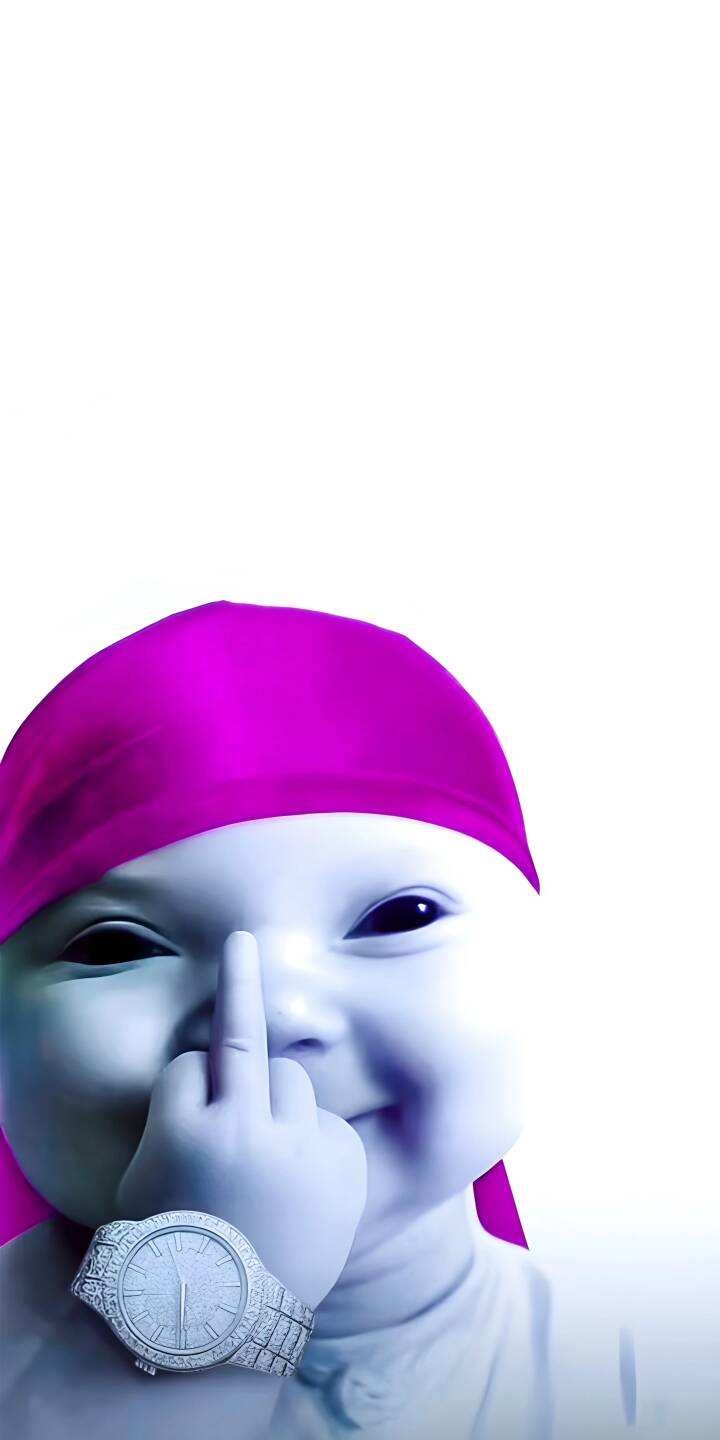 A humorous and widely popular meme image featuring a baby wearing a purple durag and an oversized, diamond-studded watch, giving the middle finger with an oversized hand. This high-contrast image is a staple in internet meme culture, often shared for its absurd and unexpected nature. Perfect for meme lovers, an edgy aesthetic, and users who want a funny, high-contrast background. Works beautifully on iPhone, Android, and AMOLED displays. | rapper meme funny baby cute memes finger meme trend tuff baby A humorous and widely popular meme image featuring a baby wearing a purple durag and an oversized, diamond-studded watch, giving the middle finger with an oversized hand. This high-contrast image is a staple in internet meme culture, often shared for its absurd and unexpected nature. Perfect for meme lovers, an edgy aesthetic, and users who want a funny, high-contrast background. Works beautifully on iPhone, Android, and AMOLED displays.