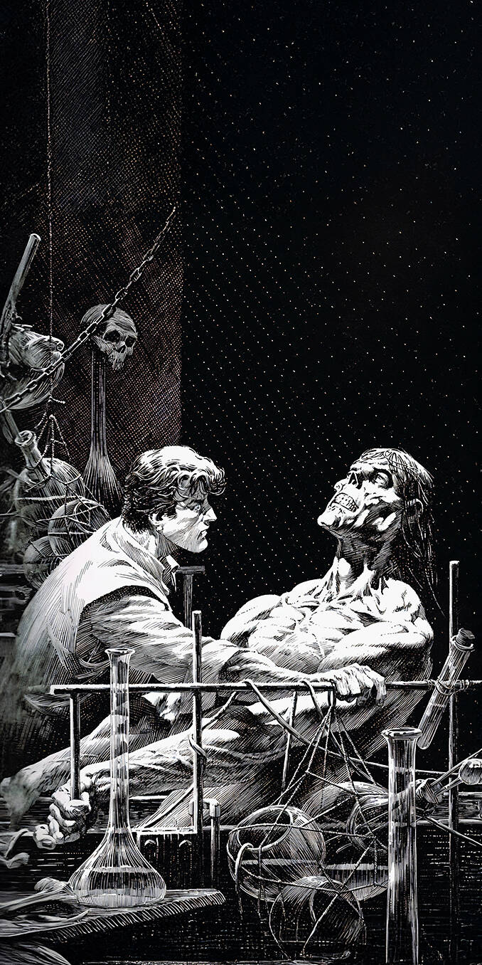 An iconic, highly detailed illustration by master artist Bernie Wrightson, capturing the moment Victor Frankenstein recoils in horror from his newly created creature in the laboratory. This art is from the celebrated 1983 illustrated edition of Mary Shelley's Frankenstein. Perfect for fans of classic horror and gothic aesthetic art. Works beautifully on iPhone, Android, and AMOLED displays. | movie art gothic creation movie scene movies movie characters frankenstein movie character Victor Frankenstein Bernie Wrightson An iconic, highly detailed illustration by master artist Bernie Wrightson, capturing the moment Victor Frankenstein recoils in horror from his newly created creature in the laboratory. This art is from the celebrated 1983 illustrated edition of Mary Shelley's Frankenstein. Perfect for fans of classic horror and gothic aesthetic art. Works beautifully on iPhone, Android, and AMOLED displays.