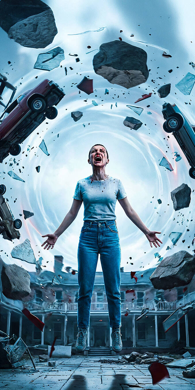 A breathtaking, action-packed 4K wallpaper showcasing Eleven (Millie Bobby Brown) at the height of her powers. She is standing with arms wide open, channeling an immense telekinetic force that surrounds her with a swirling vortex of debris, including levitating rocks, shattered glass, and even flying cars. This epic scene highlights her incredible strength and determination. | netflix actor iphone hd stranger things series scifi eleven android stranger things 5 telekinesis 4KWallpaper TVShow PsychicPower El MillieBobbyBrown PowerBurst FlyingCars TornadoEffect EpicScene background A breathtaking, action-packed 4K wallpaper showcasing Eleven (Millie Bobby Brown) at the height of her powers. She is standing with arms wide open, channeling an immense telekinetic force that surrounds her with a swirling vortex of debris, including levitating rocks, shattered glass, and even flying cars. This epic scene highlights her incredible strength and determination.