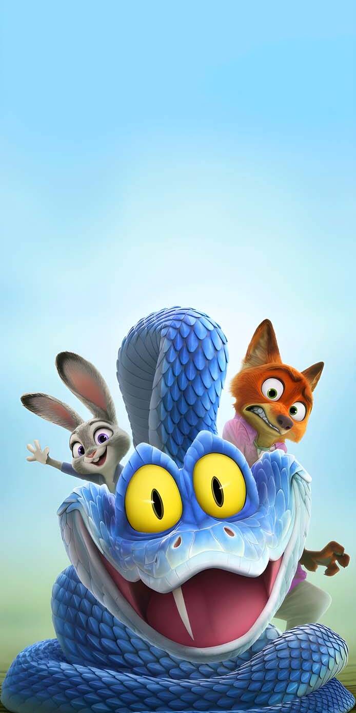 Download this Zootopia 4K wallpaper for your iPhone, showcasing the gang riding a large blue snake. This animated wallpaper features Judy Hopps, Nick Wilde, and a snake with prominent yellow eyes. | cartoon aesthetic funny movie animal snake animated cute colorful iphone kids rabbit zootopia fox nick wilde judy hopps animation high quality mobile live wallpaper comedy digital art android 4k wallpaper hd wallpaper children mobile background CGI video wallpaper family fun blockbuster Download this Zootopia 4K wallpaper for your iPhone, showcasing the gang riding a large blue snake. This animated wallpaper features Judy Hopps, Nick Wilde, and a snake with prominent yellow eyes.