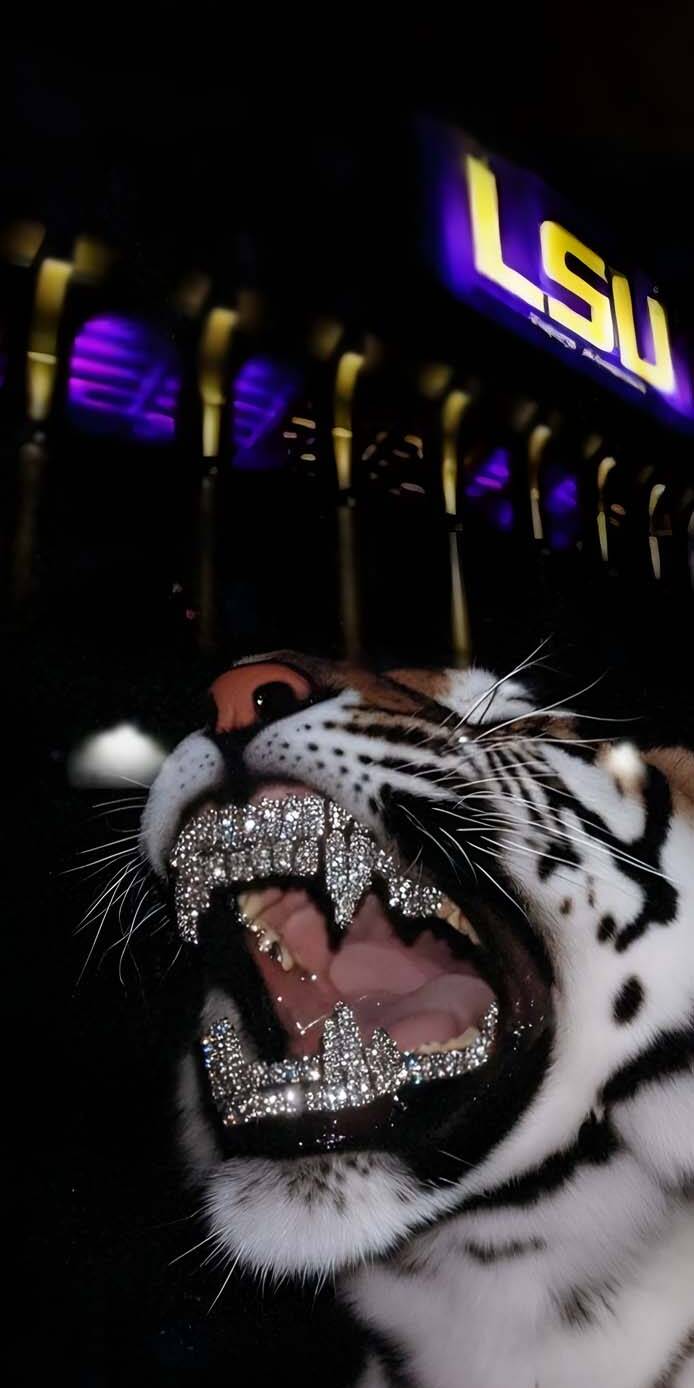 Get this fierce LSU Tiger 4K wallpaper for your iPhone! This captivating wallpaper features a tiger with diamond-studded teeth, a glimpse of the LSU stadium in the background, and a striking black and gold color scheme. | sports football aesthetic illustration stadium gold purple screen diamond 4k iphone lsu hd tiger dynamic cool mobile live wallpaper lock screen 4k wallpaper hd wallpaper diamond teeth roar phone background mascot unique lsu tigers college team spirit university Get this fierce LSU Tiger 4K wallpaper for your iPhone! This captivating wallpaper features a tiger with diamond-studded teeth, a glimpse of the LSU stadium in the background, and a striking black and gold color scheme.