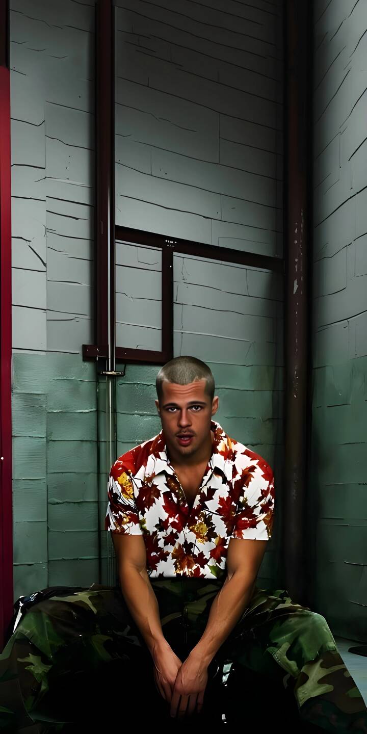 Download this striking Brad Pitt 4K wallpaper for your iPhone, showcasing him in a patterned shirt and camo pants. This wallpaper captures his intense gaze against the backdrop of the textured, industrial-style walls. | actor 4k iphone vintage retro fight club film tyler durden brad pitt movies mobile hollywood celebrity 4k wallpaper hd wallpaper floral shirt movie star project mayhem troy basement grunge aesthetic gritty cinema underground fight club house paper street rebellious aesthetic brad pitt wallpaper cinematic Download this striking Brad Pitt 4K wallpaper for your iPhone, showcasing him in a patterned shirt and camo pants. This wallpaper captures his intense gaze against the backdrop of the textured, industrial-style walls.