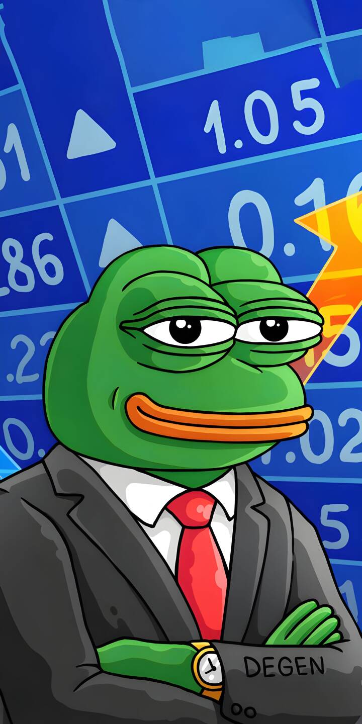 Download this hilarious Pepe the Frog degen 4K wallpaper for your iPhone, featuring a green frog in a business suit with a golden watch. The wallpaper includes a financial chart background with an upward-pointing arrow. | meme funny professional iphone frog pepe bitcoin mobile digital art stock 4k wallpaper hd wallpaper pepe the frog finance investing suit and tie 4k background internet culture meme wallpaper degen financial chart financial trader stock market chart cryptocurrency wallstreetbets green frog meme trading aesthetic ethereum trading desk background hd image Download this hilarious Pepe the Frog degen 4K wallpaper for your iPhone, featuring a green frog in a business suit with a golden watch. The wallpaper includes a financial chart background with an upward-pointing arrow.