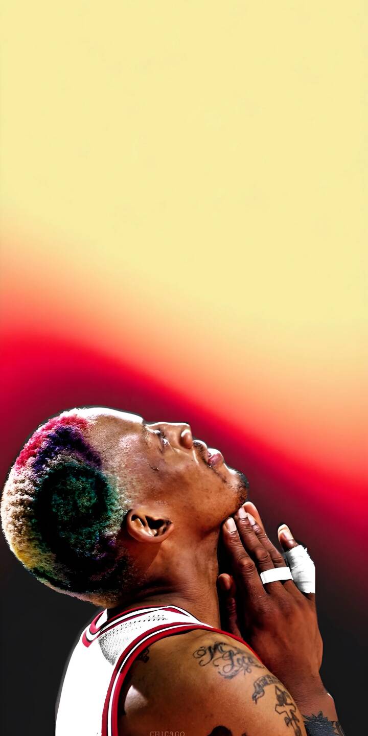 Download this Dennis Rodman 4K wallpaper for your iPhone, showcasing the basketball star with colorful hair and multiple tattoos. This stunning wallpaper captures Rodman looking upwards with his hands clasped together. | basketball nba basketball player portrait athlete colorful iphone goat cool wallpaper mobile chicago bulls dennis rodman 4k wallpaper hd wallpaper iphone background tattoos red and black mobile wallpaper sports wallpaper hd background trendy 90s aesthetic vintage sports sports art legendary colorful hair worm the worm Bulls Nation Hair Dye nba finals Download this Dennis Rodman 4K wallpaper for your iPhone, showcasing the basketball star with colorful hair and multiple tattoos. This stunning wallpaper captures Rodman looking upwards with his hands clasped together.