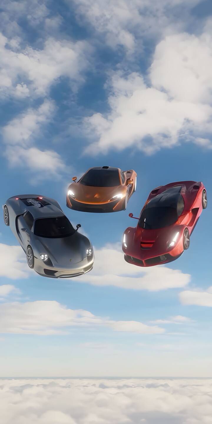 Download this stunning Cars 4K wallpaper for your iPhone, showcasing a silver sports car with racing stripes, a bright orange McLaren, and a sleek red Ferrari against a backdrop of fluffy clouds. This wallpaper will bring a touch of luxury and speed to your device. | sports car orange red silver iphone ferrari mclaren clouds cars mobile 4k wallpaper hd wallpaper Download this stunning Cars 4K wallpaper for your iPhone, showcasing a silver sports car with racing stripes, a bright orange McLaren, and a sleek red Ferrari against a backdrop of fluffy clouds. This wallpaper will bring a touch of luxury and speed to your device.