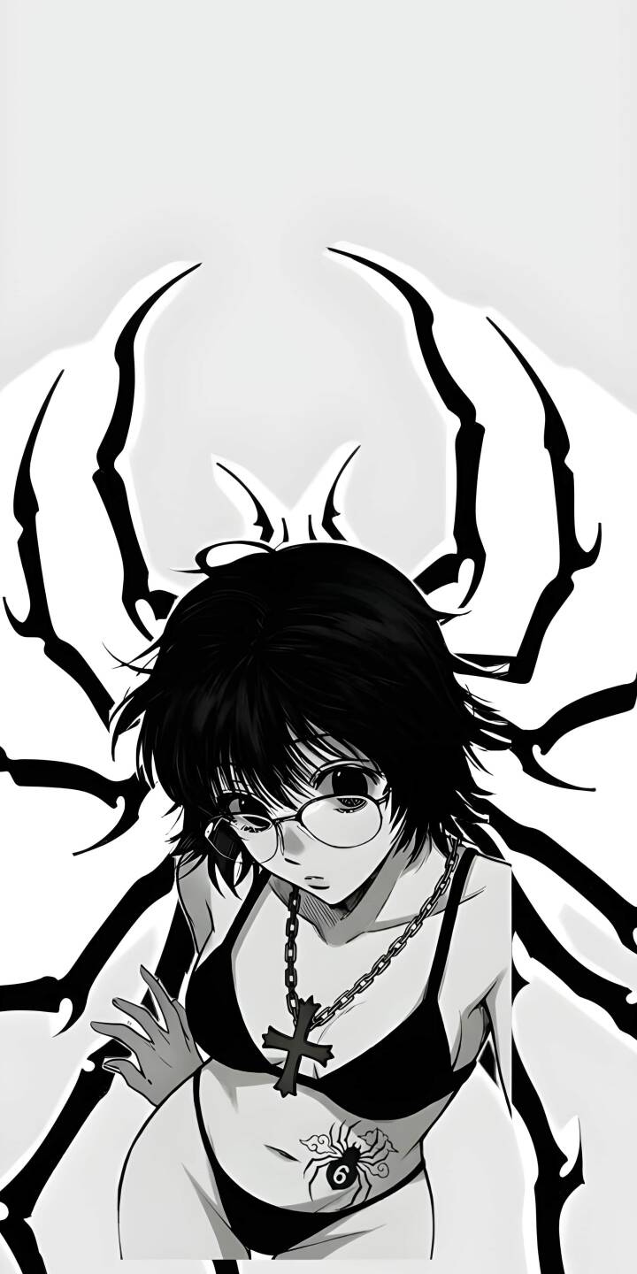 Download this Shalnark 4K wallpaper for your iPhone, featuring a striking black and white aesthetic. This wallpaper showcases Shalnark with glasses, a cross necklace, and a spider tattoo. | glasses anime iphone mobile 4k wallpaper hd wallpaper cross necklace spider tattoo phantom troupe hunter x hunter shalnark Download this Shalnark 4K wallpaper for your iPhone, featuring a striking black and white aesthetic. This wallpaper showcases Shalnark with glasses, a cross necklace, and a spider tattoo.