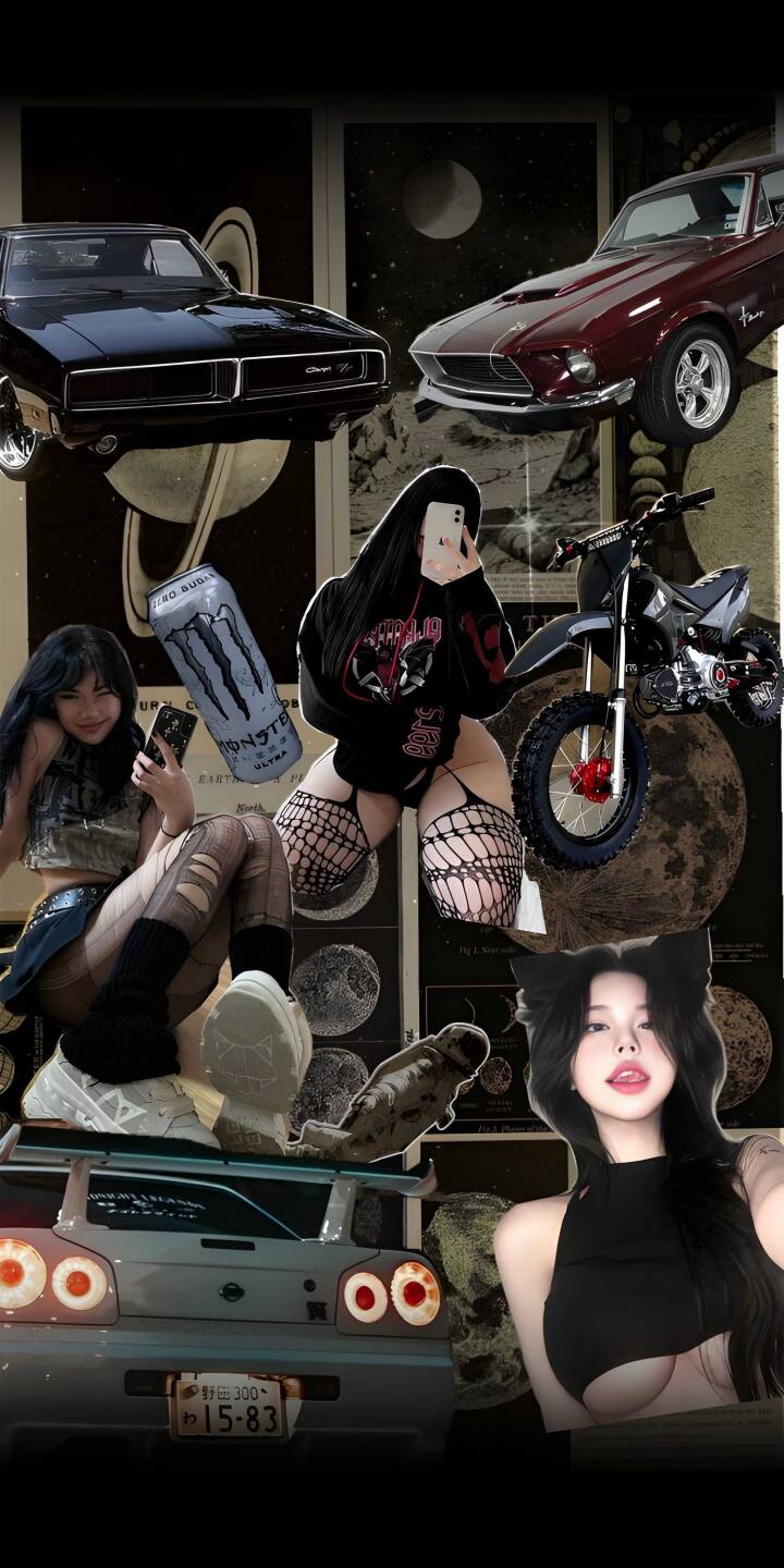 Download this eye-catching girls and cars 4K wallpaper for your iPhone, showcasing classic muscle cars against a celestial background, girls taking selfies, and a dirt bike. This stunning wallpaper features a Monster Energy drink, girls in goth apparel, and space-themed art. | girls selfie dirt bike goth iphone cars mobile 4k wallpaper hd wallpaper celestial monster energy muscle cars Download this eye-catching girls and cars 4K wallpaper for your iPhone, showcasing classic muscle cars against a celestial background, girls taking selfies, and a dirt bike. This stunning wallpaper features a Monster Energy drink, girls in goth apparel, and space-themed art.
