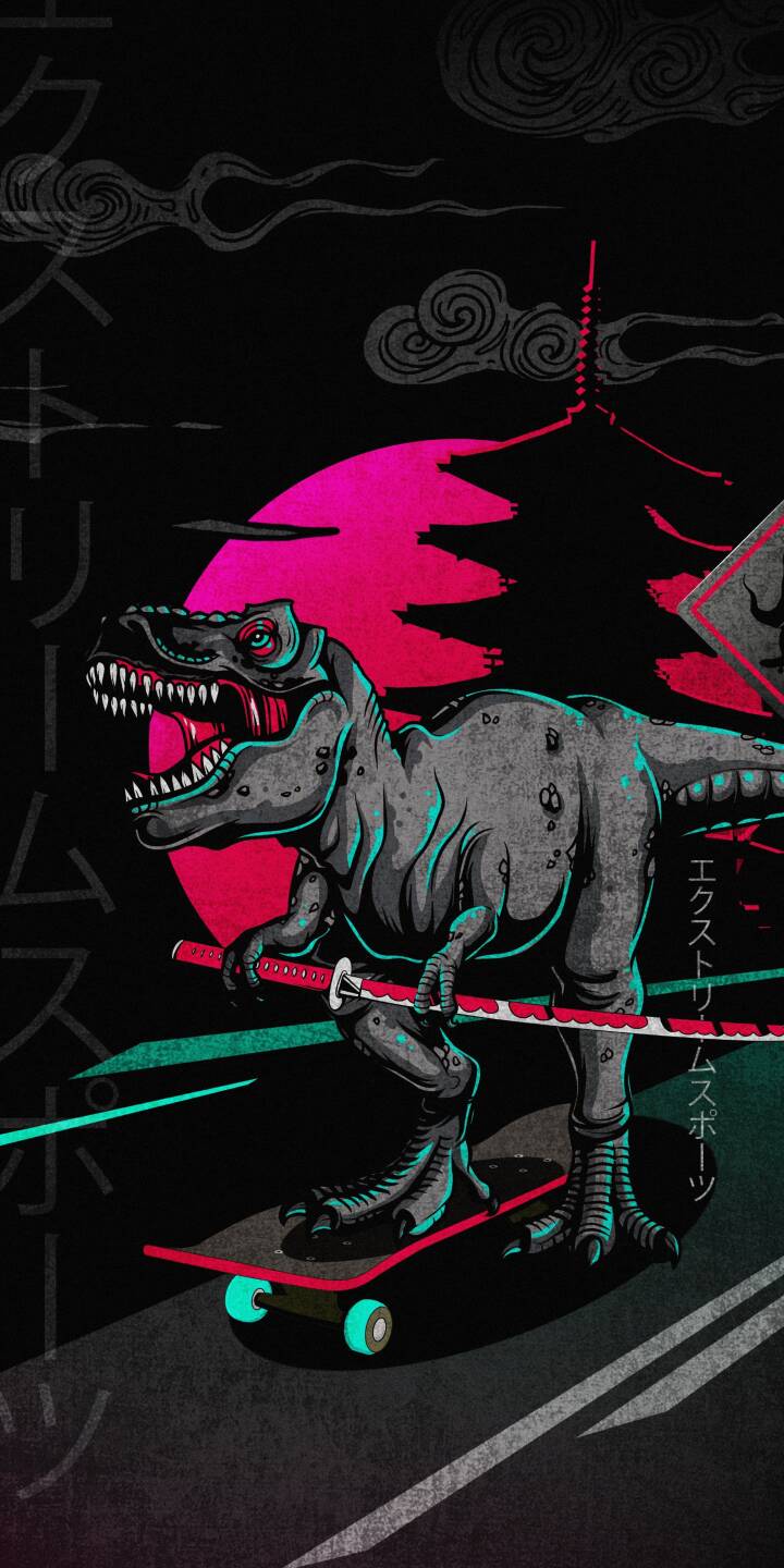 Download this awesome T-Rex 4K wallpaper for your iPhone, showcasing a dinosaur shredding on a skateboard while wielding a katana. The unique wallpaper features a magenta sun and Japanese-style cloud art. | animal iphone katana dinosaur skateboard mobile japanese art skateboarding 4k wallpaper hd wallpaper reptile t-rex Download this awesome T-Rex 4K wallpaper for your iPhone, showcasing a dinosaur shredding on a skateboard while wielding a katana. The unique wallpaper features a magenta sun and Japanese-style cloud art.