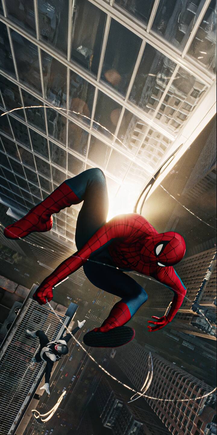 Get this dynamic Spider-Man 4K wallpaper for your iPhone, showcasing him swinging through the city. The wallpaper features a dramatic perspective from above, with the city reflected in the skyscraper windows, and another character in pursuit. | superhero skyscraper marvel spiderman iphone miles morales spider verse mobile 4k wallpaper hd wallpaper spider-man cityscape Get this dynamic Spider-Man 4K wallpaper for your iPhone, showcasing him swinging through the city. The wallpaper features a dramatic perspective from above, with the city reflected in the skyscraper windows, and another character in pursuit.