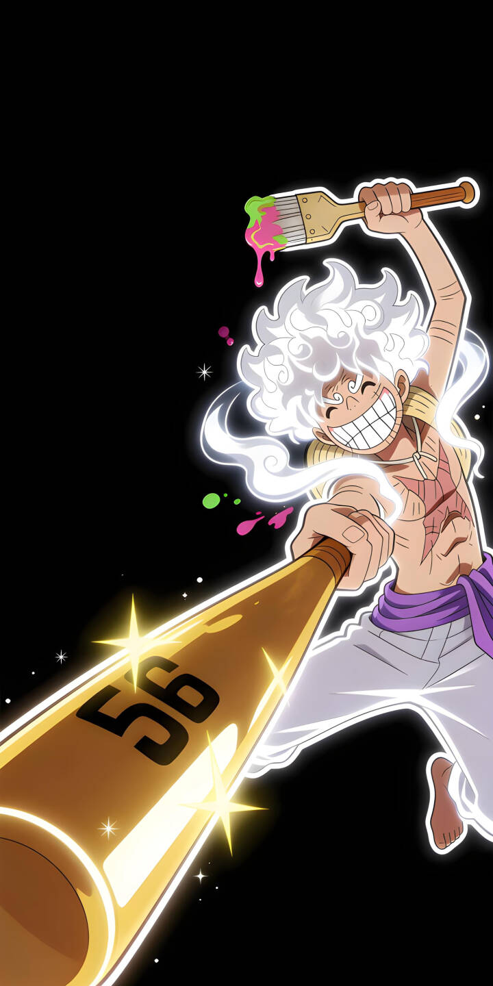 Get this vibrant Luffy Gear 5 4K wallpaper for your iPhone, showcasing the character wielding a golden bat with '56' on it and a paintbrush dripping pink and green paint. This action-packed wallpaper is perfect for any One Piece fan. | anime manga iphone one piece luffy mobile monkey d. luffy 4k wallpaper hd wallpaper gear 5 golden bat paintbrush Get this vibrant Luffy Gear 5 4K wallpaper for your iPhone, showcasing the character wielding a golden bat with '56' on it and a paintbrush dripping pink and green paint. This action-packed wallpaper is perfect for any One Piece fan.