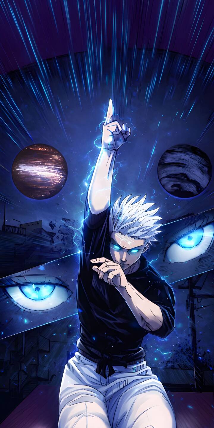 This vibrant Gojo Satoru 4K wallpaper features his intense blue eyes, the electrified aura around him, and the two celestial spheres above. Optimized for iPhone, this wallpaper will bring a dynamic anime aesthetic to your screen. | iphone blue eyes mobile 4k wallpaper hd wallpaper anime wallpaper sorcery fight gojo sensei gojo satoru jujutsu kaisen electrified aura celestial spheres This vibrant Gojo Satoru 4K wallpaper features his intense blue eyes, the electrified aura around him, and the two celestial spheres above. Optimized for iPhone, this wallpaper will bring a dynamic anime aesthetic to your screen.