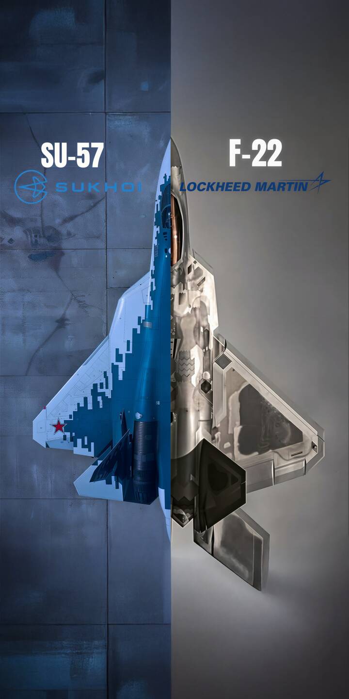 This stunning 4K wallpaper showcases a dynamic split comparison between the advanced Sukhoi SU-57 and the iconic Lockheed Martin F-22, featuring the SU-57's digital camouflage and the F-22's exposed internal components. Perfect for your iPhone, this unique fighter jet wallpaper captures the detailed design of both aircraft in one compelling image. | iphone fighter jet mobile aircraft 4k wallpaper hd wallpaper stealth jet lockheed martin su-57 sukhoi f-22 military aviation This stunning 4K wallpaper showcases a dynamic split comparison between the advanced Sukhoi SU-57 and the iconic Lockheed Martin F-22, featuring the SU-57's digital camouflage and the F-22's exposed internal components. Perfect for your iPhone, this unique fighter jet wallpaper captures the detailed design of both aircraft in one compelling image.