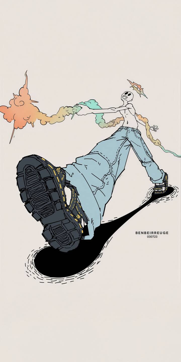 Transform your iPhone with this unique Benbeirreuge Character Art 4K wallpaper, featuring a striking figure with blank eyes, vibrant colorful smoke, and an exaggerated stepping pose with oversized boots. This captivating wallpaper provides a minimalist yet dynamic background perfect for any device. | iphone mobile digital art 4k wallpaper hd wallpaper character art minimalist art stylized illustration benbeirreuge benbeirreuge art colorful smoke oversized boots Transform your iPhone with this unique Benbeirreuge Character Art 4K wallpaper, featuring a striking figure with blank eyes, vibrant colorful smoke, and an exaggerated stepping pose with oversized boots. This captivating wallpaper provides a minimalist yet dynamic background perfect for any device.
