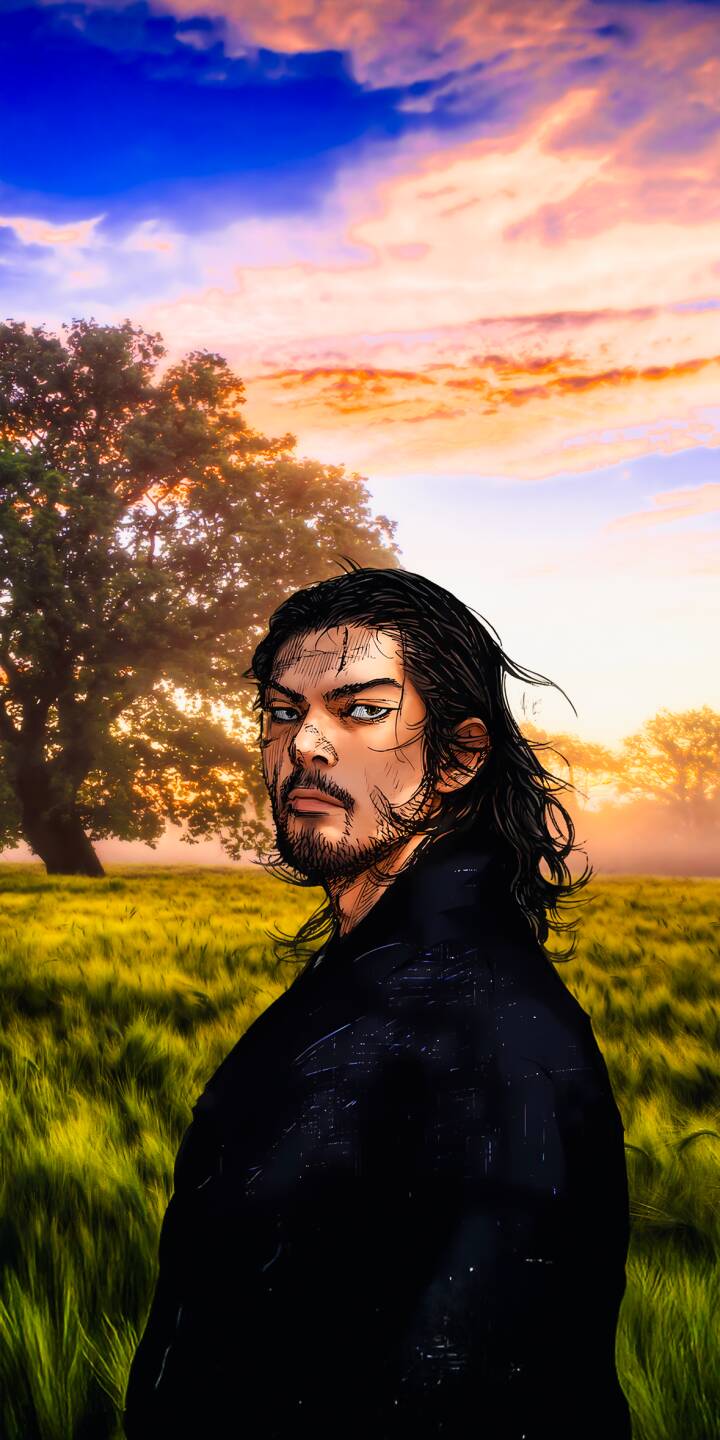 Immerse yourself in the world of Vagabond with this stunning Musashi Miyamoto 4K wallpaper, perfect for your iPhone. This high-definition wallpaper captures Musashi with his intense gaze, set against a vibrant golden field under a dramatic sunset sky, featuring a large, silhouetted tree in the background. | samurai warrior manga iphone mobile vagabond japanese art 4k wallpaper hd wallpaper anime wallpaper takehiko inoue musashi miyamoto Immerse yourself in the world of Vagabond with this stunning Musashi Miyamoto 4K wallpaper, perfect for your iPhone. This high-definition wallpaper captures Musashi with his intense gaze, set against a vibrant golden field under a dramatic sunset sky, featuring a large, silhouetted tree in the background.