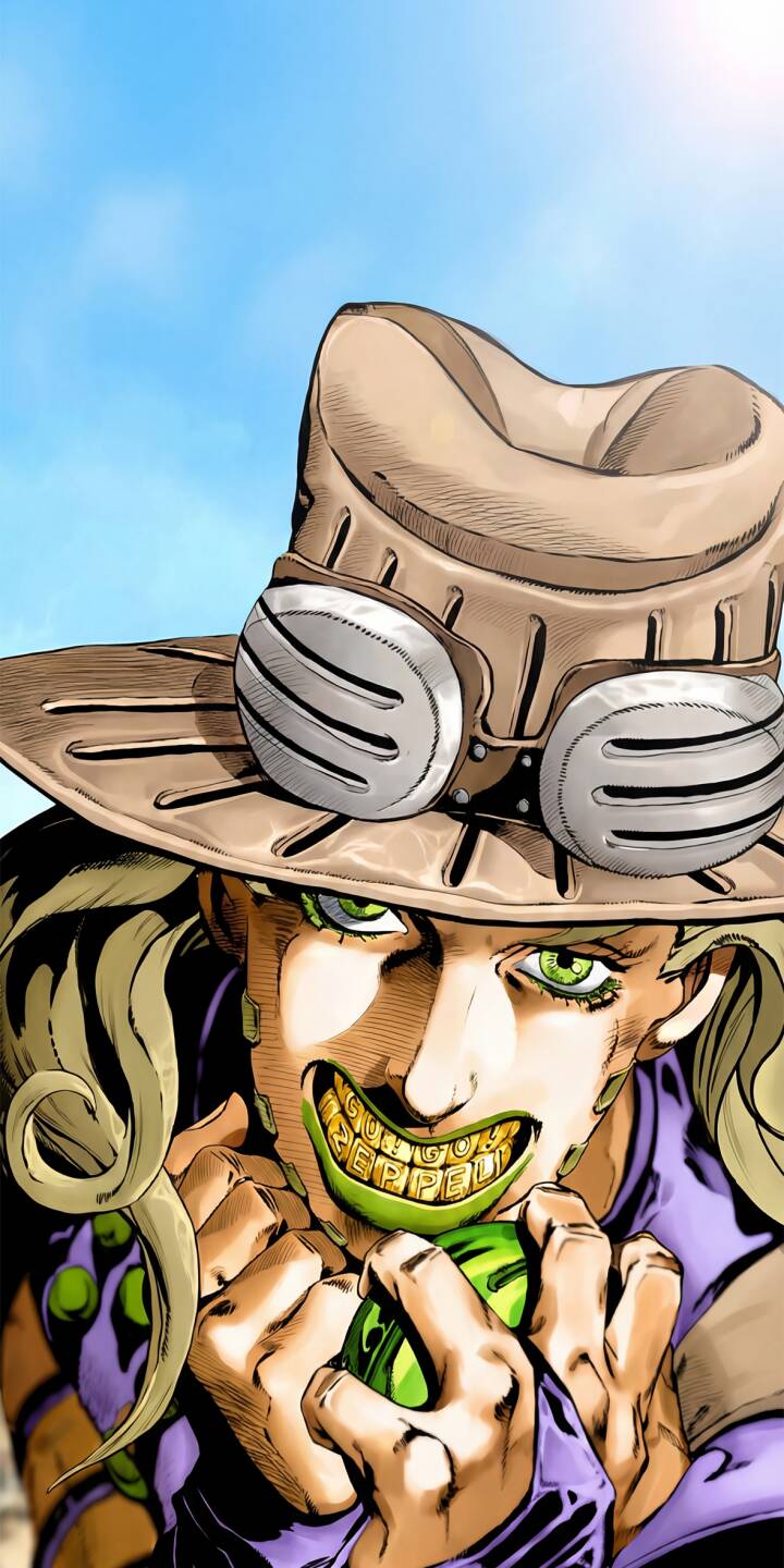Elevate your iPhone with this stunning Gyro Zeppeli 4K wallpaper, capturing the iconic character from JoJo's Bizarre Adventure with his distinctive hat, goggles, vibrant green eyes, and golden "GO! GO! ZEPPELI" braces while holding his green steel ball. This high-resolution wallpaper is perfect for fans looking to personalize their device with an unforgettable image. | anime manga iphone jojo mobile 4k wallpaper hd wallpaper gyro zeppeli jojo's bizarre adventure steel ball run sbr Elevate your iPhone with this stunning Gyro Zeppeli 4K wallpaper, capturing the iconic character from JoJo's Bizarre Adventure with his distinctive hat, goggles, vibrant green eyes, and golden "GO! GO! ZEPPELI" braces while holding his green steel ball. This high-resolution wallpaper is perfect for fans looking to personalize their device with an unforgettable image.