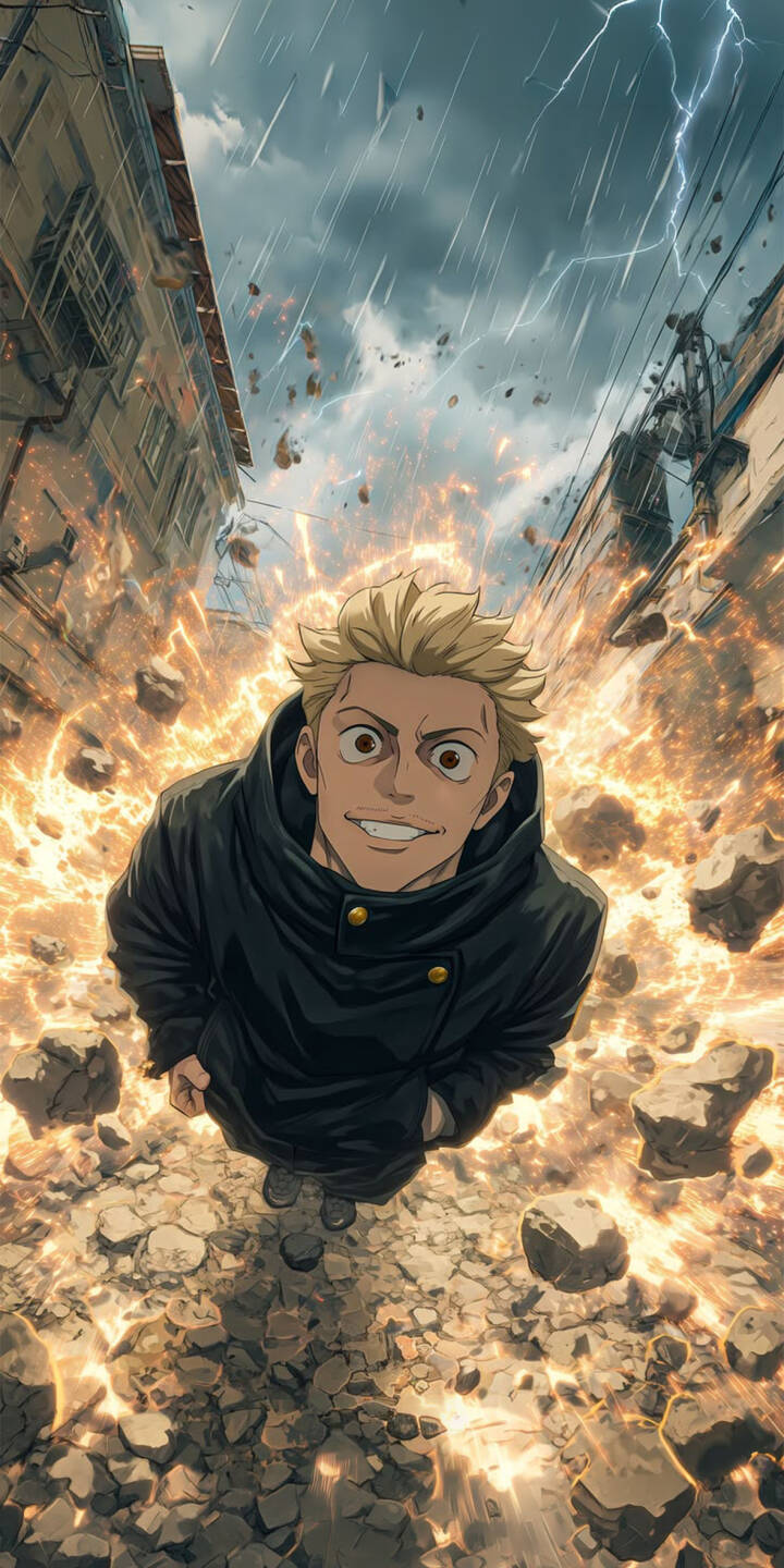 Dive into the chaos with this stunning Jujutsu Kaisen Blonde 4K wallpaper, featuring an intense, wide-grinned character amidst a collapsing urban street under a lightning storm. This dynamic wallpaper, showcasing swirling debris and electrifying energy, is perfectly optimized for your iPhone and other mobile devices. | lightning explosion anime iphone dynamic mobile 4k wallpaper hd wallpaper shonen jujutsu kaisen urban destruction blonde character Dive into the chaos with this stunning Jujutsu Kaisen Blonde 4K wallpaper, featuring an intense, wide-grinned character amidst a collapsing urban street under a lightning storm. This dynamic wallpaper, showcasing swirling debris and electrifying energy, is perfectly optimized for your iPhone and other mobile devices.
