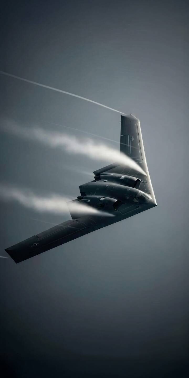 Immerse yourself in the powerful presence of the B-2 Spirit Stealth Bomber with this stunning 4K wallpaper, featuring its iconic dark flying wing design and dramatic condensation trails against an atmospheric sky. This exceptional wallpaper is perfectly optimized for your iPhone, bringing a unique blend of military might and aesthetic appeal to your device. | dark plane iphone mobile b2 aircraft 4k wallpaper hd wallpaper military aviation stealth bomber b-2 spirit Immerse yourself in the powerful presence of the B-2 Spirit Stealth Bomber with this stunning 4K wallpaper, featuring its iconic dark flying wing design and dramatic condensation trails against an atmospheric sky. This exceptional wallpaper is perfectly optimized for your iPhone, bringing a unique blend of military might and aesthetic appeal to your device.