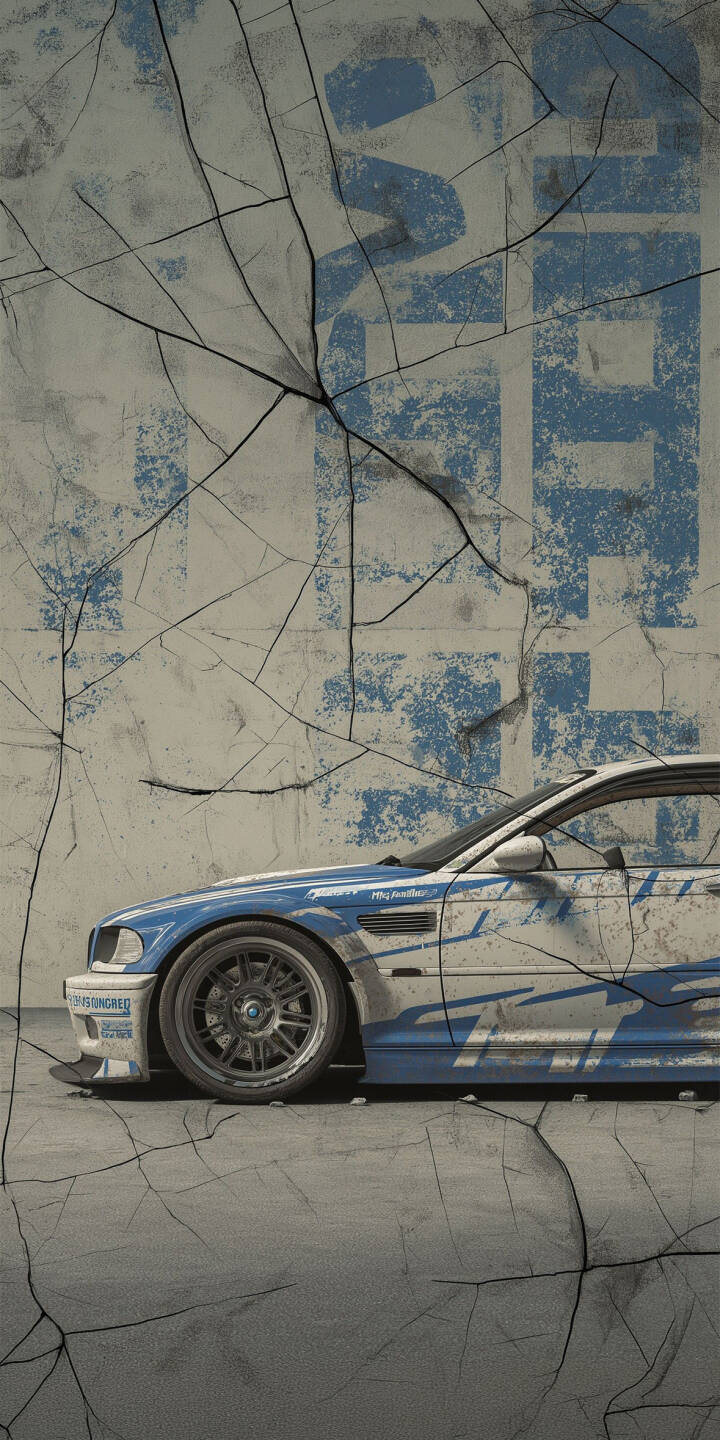 Elevate your iPhone with this stunning 4K BMW M3 race car wallpaper, featuring a gritty, cracked concrete backdrop adorned with faded blue graphics. This unique wallpaper captures the detailed side profile of the iconic blue and white distressed M3, perfect for car enthusiasts. | sports car race car iphone bmw m3 mobile blue car 4k wallpaper hd wallpaper automotive grunge aesthetic e46 cracked wall Elevate your iPhone with this stunning 4K BMW M3 race car wallpaper, featuring a gritty, cracked concrete backdrop adorned with faded blue graphics. This unique wallpaper captures the detailed side profile of the iconic blue and white distressed M3, perfect for car enthusiasts.