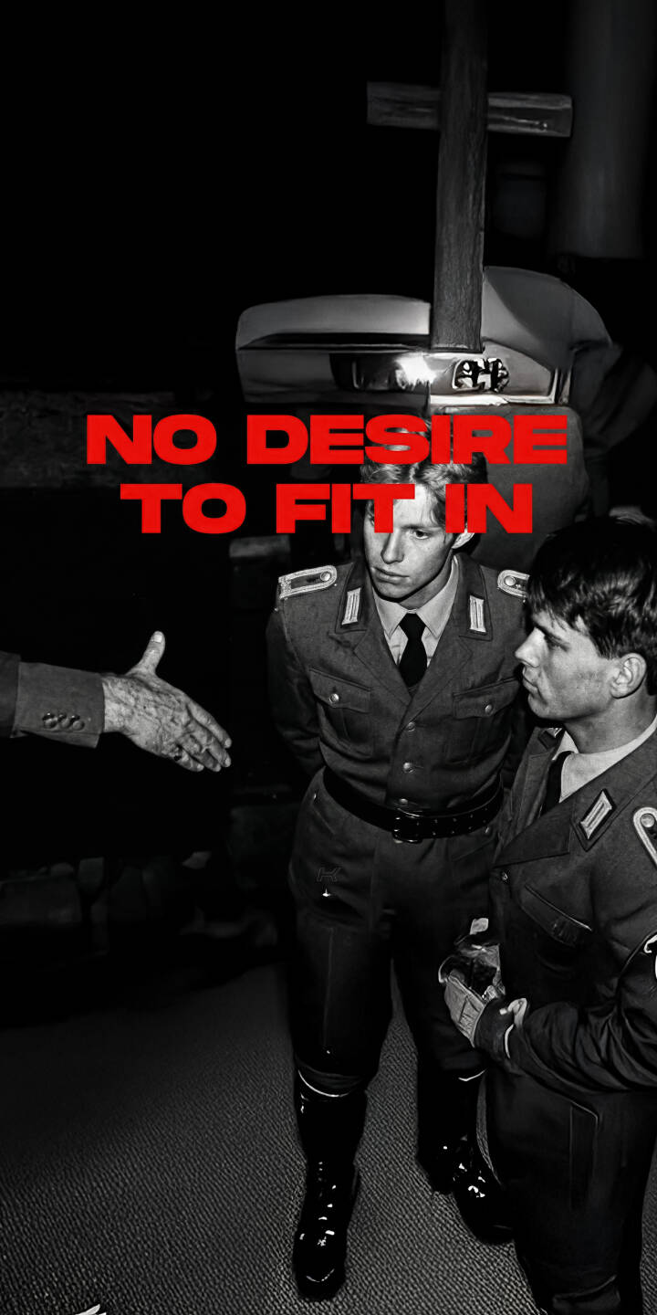 Embrace individuality with this powerful 'No Desire To Fit In' 4K wallpaper, perfect for your iPhone. Featuring a striking black and white aesthetic with bold red text, this compelling wallpaper captures a defiant young man in a vintage military uniform, making it an impactful statement for your device. | uniform quote motivation iphone black and white soldier mobile 4k wallpaper hd wallpaper defiant no desire to fit in individuality Embrace individuality with this powerful 'No Desire To Fit In' 4K wallpaper, perfect for your iPhone. Featuring a striking black and white aesthetic with bold red text, this compelling wallpaper captures a defiant young man in a vintage military uniform, making it an impactful statement for your device.