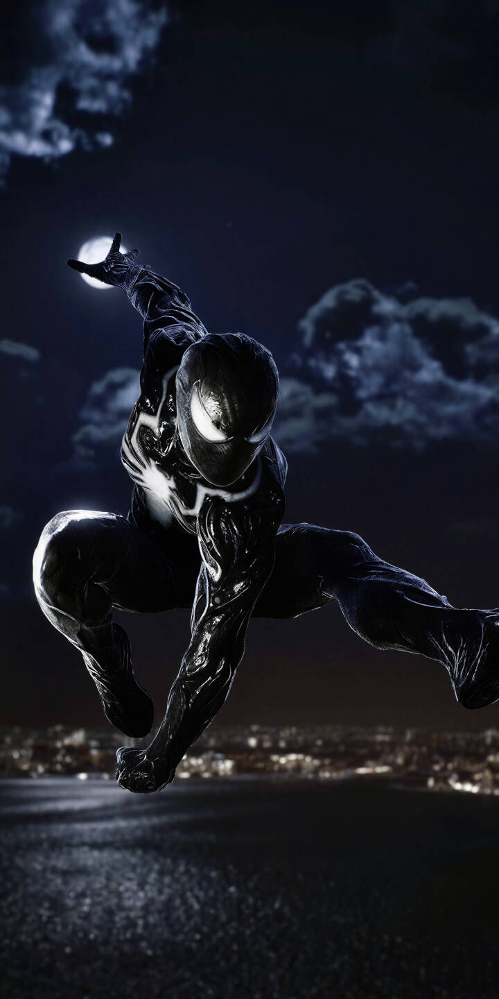 Elevate your device with this stunning Symbiote Spider-Man 4K wallpaper, perfect for your iPhone. This dynamic wallpaper captures Spider-Man in his iconic black suit, featuring glowing white eyes and emblem against a dramatic moonlit city night. | night superhero marvel spiderman iphone venom black suit comic mobile 4k wallpaper hd wallpaper symbiote spiderman Elevate your device with this stunning Symbiote Spider-Man 4K wallpaper, perfect for your iPhone. This dynamic wallpaper captures Spider-Man in his iconic black suit, featuring glowing white eyes and emblem against a dramatic moonlit city night.