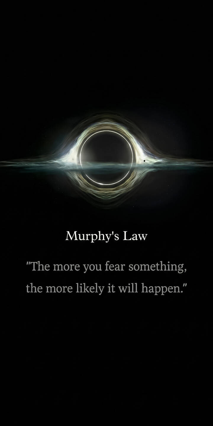 Enhance your iPhone with this stunning Murphy's Law black hole 4K wallpaper, featuring a captivating glowing ring of light around a dark void and the profound quote, "The more you fear something, the more likely it will happen." This unique wallpaper will bring a striking and thought-provoking aesthetic to your device. | quote space universe motivational fear iphone minimalist mobile black hole 4k wallpaper hd wallpaper murphy's law Enhance your iPhone with this stunning Murphy's Law black hole 4K wallpaper, featuring a captivating glowing ring of light around a dark void and the profound quote, "The more you fear something, the more likely it will happen." This unique wallpaper will bring a striking and thought-provoking aesthetic to your device.