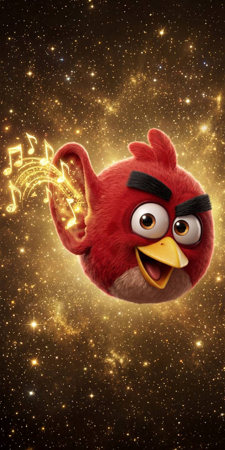Download this vibrant Angry Birds Red 4K wallpaper featuring the iconic character with musical notes flowing from its head against a sparkling golden space background. This eye-catching wallpaper is perfect for personalizing your iPhone, showcasing Red's fluffy texture and happy expression. | cartoon music game red bird iphone angry birds stars golden mobile 4k wallpaper hd wallpaper Download this vibrant Angry Birds Red 4K wallpaper featuring the iconic character with musical notes flowing from its head against a sparkling golden space background. This eye-catching wallpaper is perfect for personalizing your iPhone, showcasing Red's fluffy texture and happy expression.