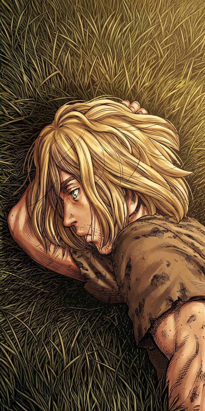 This captivating Thorfinn 4K wallpaper beautifully portrays the character lying in lush green grass, his long blonde hair spread around him, and a pensive expression on his face, making it a perfect iPhone wallpaper. | warrior grass anime manga iphone mobile 4k wallpaper hd wallpaper blonde hair thorfinn vinland saga pensive This captivating Thorfinn 4K wallpaper beautifully portrays the character lying in lush green grass, his long blonde hair spread around him, and a pensive expression on his face, making it a perfect iPhone wallpaper.
