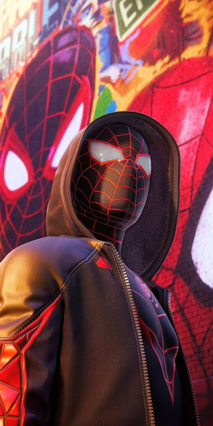Elevate your iPhone with this stunning Miles Morales 4K wallpaper, showcasing the hero in his iconic black and red suit with an open hoodie. This vibrant wallpaper features Miles against a dynamic, colorful graffiti background, perfect for any fan. | hoodie marvel iphone black suit miles morales graffiti mobile spiderverse 4k wallpaper hd wallpaper spider-man Elevate your iPhone with this stunning Miles Morales 4K wallpaper, showcasing the hero in his iconic black and red suit with an open hoodie. This vibrant wallpaper features Miles against a dynamic, colorful graffiti background, perfect for any fan.