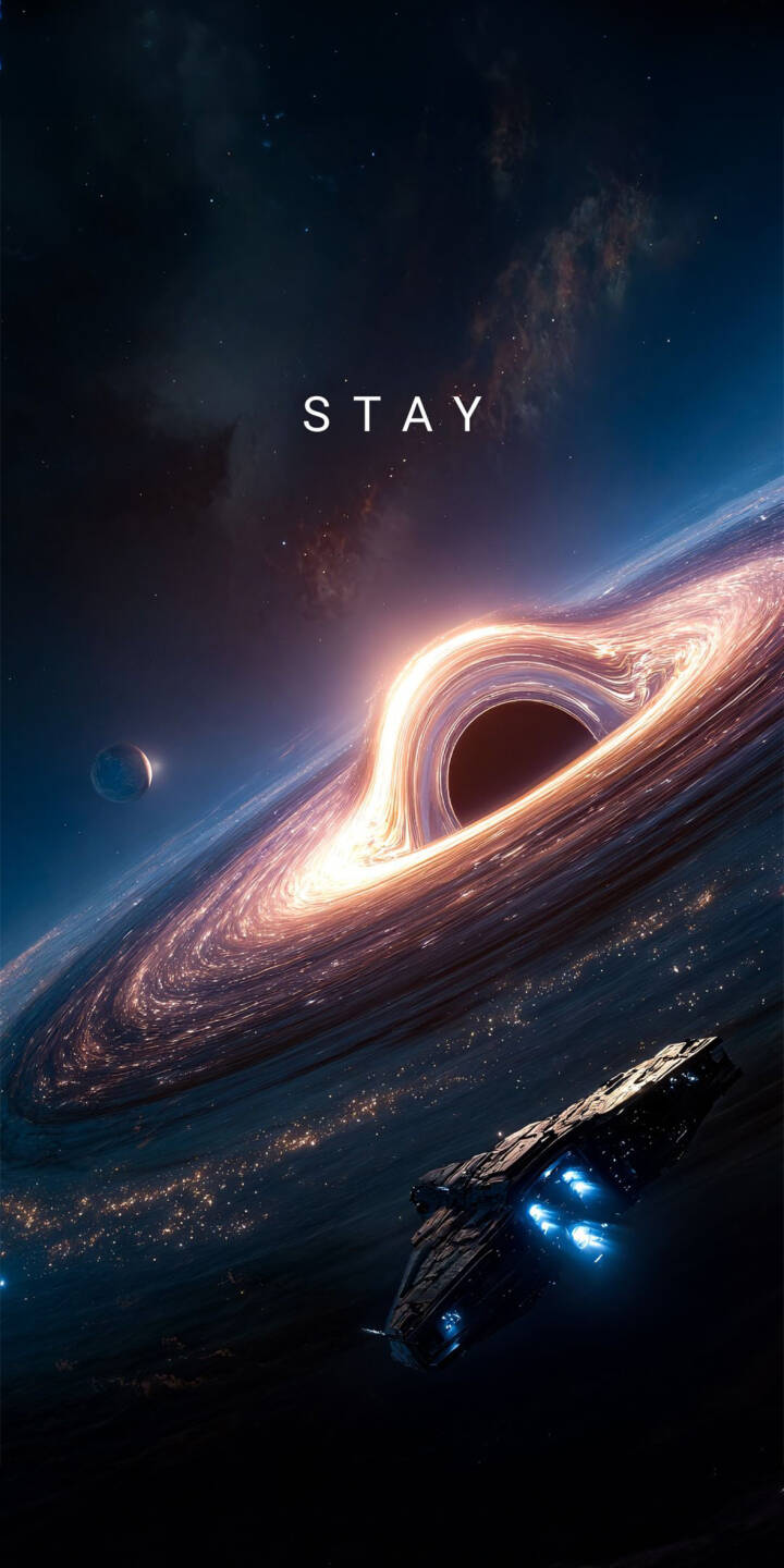 Immerse your iPhone with this stunning STAY Black Hole 4K wallpaper, featuring a mesmerizing luminous accretion disk around a cosmic anomaly. This captivating wallpaper also showcases a majestic spaceship with glowing blue engines, set against a backdrop of distant planets and starry nebulae. | space universe iphone galaxy interstellar spaceship mobile black hole 4k wallpaper hd wallpaper cosmos stay Immerse your iPhone with this stunning STAY Black Hole 4K wallpaper, featuring a mesmerizing luminous accretion disk around a cosmic anomaly. This captivating wallpaper also showcases a majestic spaceship with glowing blue engines, set against a backdrop of distant planets and starry nebulae.