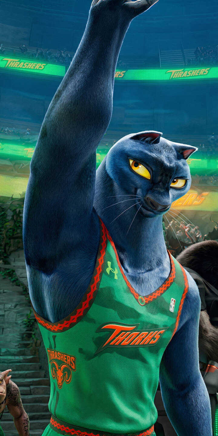 Download this stunning Thorks Blue Panther 4K wallpaper, perfect for your iPhone, featuring the intense blue character with striking yellow eyes and a raised arm. This high-resolution wallpaper captures her in a green and orange camouflage basketball jersey, ready for action in the Thrashers arena. | cartoon basketball iphone animation mobile 4k wallpaper hd wallpaper space jam blue panther thorks thrashers white mamba Download this stunning Thorks Blue Panther 4K wallpaper, perfect for your iPhone, featuring the intense blue character with striking yellow eyes and a raised arm. This high-resolution wallpaper captures her in a green and orange camouflage basketball jersey, ready for action in the Thrashers arena.
