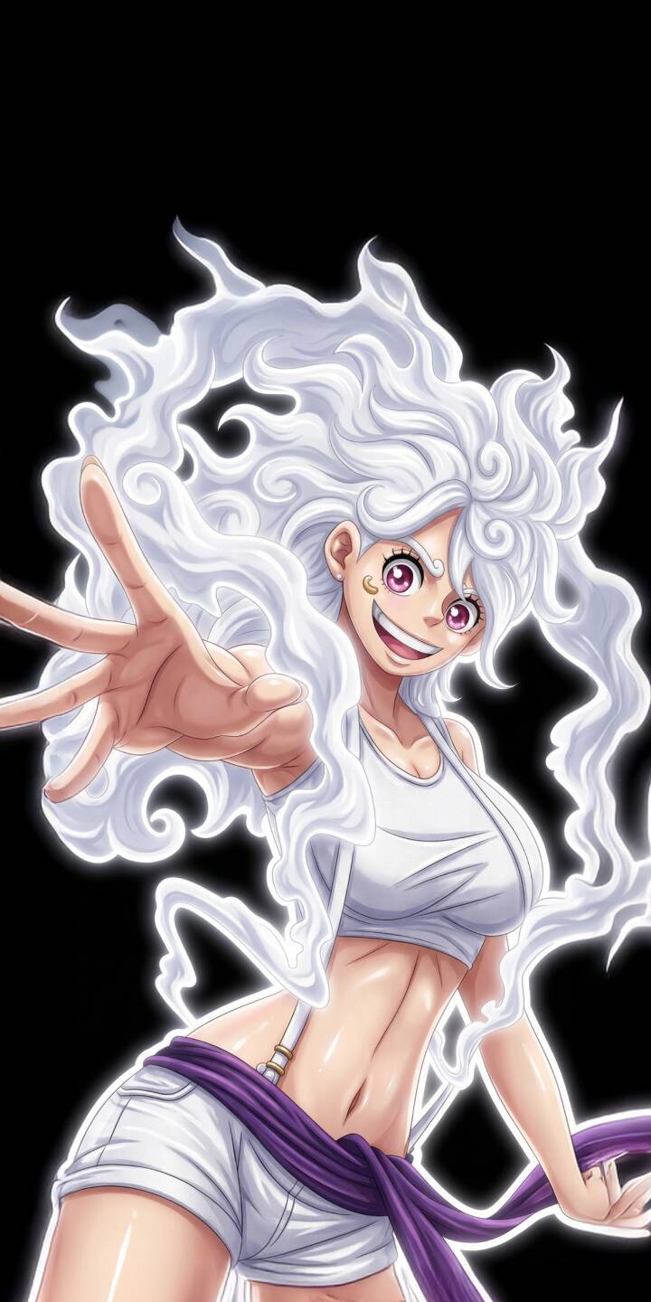 Immerse yourself in the vibrant energy of this Female Luffy Gear 5 4K wallpaper, perfect for your iPhone. This striking wallpaper captures her dynamic pose, featuring her iconic wavy, cloud-like white hair, joyful smile, and a captivating white glowing aura against a stark black background. | anime manga iphone one piece luffy mobile 4k wallpaper hd wallpaper gear 5 nika joy boy female luffy Immerse yourself in the vibrant energy of this Female Luffy Gear 5 4K wallpaper, perfect for your iPhone. This striking wallpaper captures her dynamic pose, featuring her iconic wavy, cloud-like white hair, joyful smile, and a captivating white glowing aura against a stark black background.