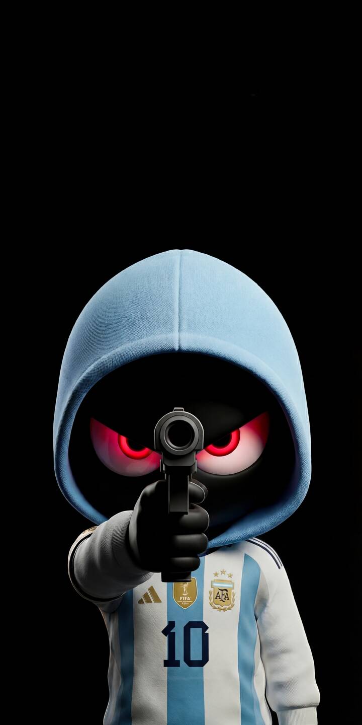 Elevate your iPhone with this unique 4K wallpaper featuring a stylized Messi cartoon, fiercely depicted with glowing red eyes and aiming a gun while wearing his iconic Argentina number 10 jersey. This powerful wallpaper combines football passion with an edgy aesthetic, perfect for a distinct mobile background. | football gun hoodie iphone messi argentina red eyes lionel messi mobile 4k wallpaper hd wallpaper cartoon art Elevate your iPhone with this unique 4K wallpaper featuring a stylized Messi cartoon, fiercely depicted with glowing red eyes and aiming a gun while wearing his iconic Argentina number 10 jersey. This powerful wallpaper combines football passion with an edgy aesthetic, perfect for a distinct mobile background.