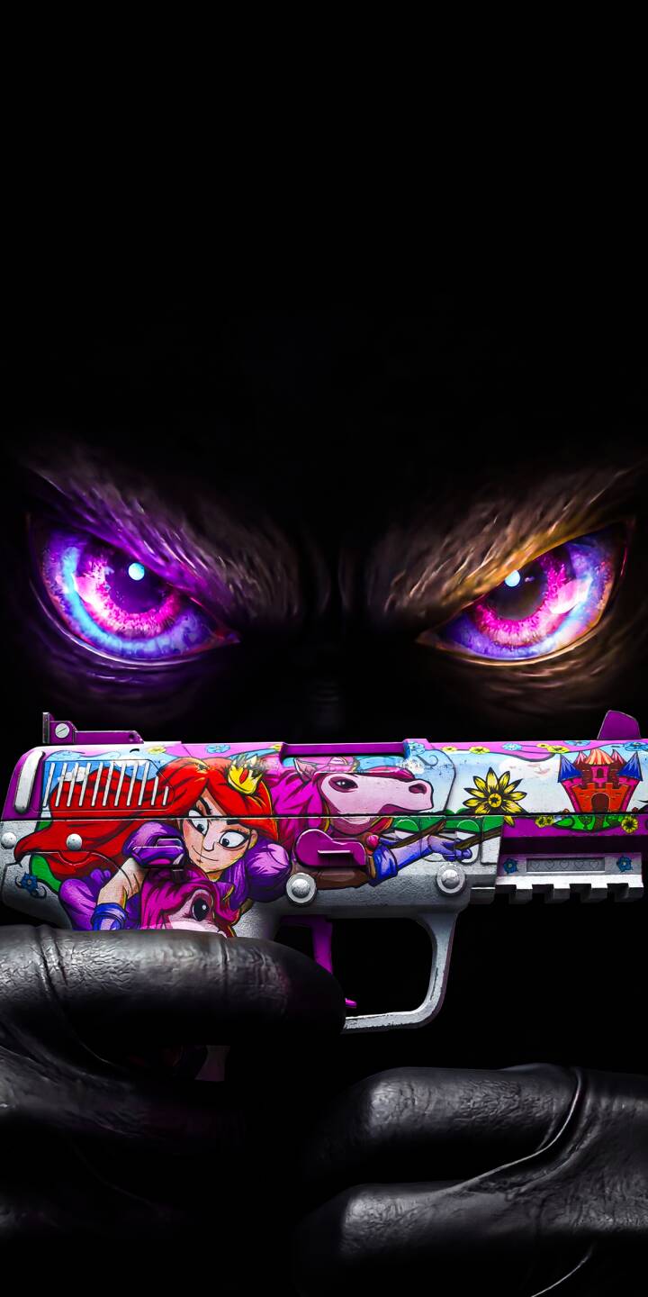 Download this captivating Cartoon Gun Purple Eyes 4K wallpaper for your iPhone, featuring intense glowing purple eyes looming in the darkness above a brightly colored handgun adorned with a cartoon princess and a pink unicorn, making for a unique and striking wallpaper. | iphone princess unicorn purple eyes mobile 4k wallpaper hd wallpaper dark background fantasy art unique wallpaper cartoon gun gaming wallpaper Download this captivating Cartoon Gun Purple Eyes 4K wallpaper for your iPhone, featuring intense glowing purple eyes looming in the darkness above a brightly colored handgun adorned with a cartoon princess and a pink unicorn, making for a unique and striking wallpaper.