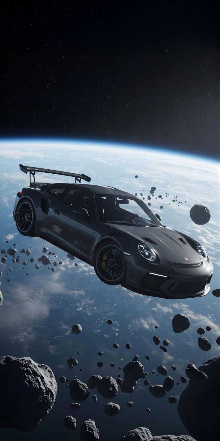 Experience the ultimate space adventure with this stunning Porsche 911 GT3 in space 4K wallpaper, perfect for your iPhone. This high-resolution wallpaper captures the sleek dark grey car amidst a shower of asteroids with Earth's blue and white globe in the background. | sports car dark space earth iphone porsche mobile porsche 911 gt3 4k wallpaper hd wallpaper asteroids cosmic Experience the ultimate space adventure with this stunning Porsche 911 GT3 in space 4K wallpaper, perfect for your iPhone. This high-resolution wallpaper captures the sleek dark grey car amidst a shower of asteroids with Earth's blue and white globe in the background.