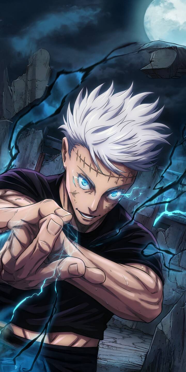 Elevate your iPhone with this stunning Satoru Gojo 4K wallpaper, capturing the intense gaze of his glowing blue eyes and crackling blue lightning emanating from his clenched fists. This vibrant digital art wallpaper, featuring his iconic white spiky hair and prominent facial stitches against a dark, moonlit backdrop, is perfect for customizing your device. | iphone gojo mobile 4k wallpaper hd wallpaper anime wallpaper dark aesthetic manga wallpaper jujutsu kaisen satoru gojo blue eyes gojo stitched gojo Elevate your iPhone with this stunning Satoru Gojo 4K wallpaper, capturing the intense gaze of his glowing blue eyes and crackling blue lightning emanating from his clenched fists. This vibrant digital art wallpaper, featuring his iconic white spiky hair and prominent facial stitches against a dark, moonlit backdrop, is perfect for customizing your device.