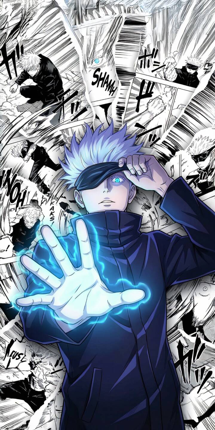 Elevate your iPhone screen with this stunning Gojo Satoru 4K wallpaper, featuring the powerful sorcerer with his blindfold lifted, a single piercing blue eye, and a hand radiating electric blue energy against a dynamic manga panel background. This high-quality wallpaper is perfect for fans looking to showcase their favorite character. | anime iphone gojo mobile 4k wallpaper hd wallpaper blue eye anime wallpaper sorcerer manga wallpaper gojo satoru jujutsu kaisen Elevate your iPhone screen with this stunning Gojo Satoru 4K wallpaper, featuring the powerful sorcerer with his blindfold lifted, a single piercing blue eye, and a hand radiating electric blue energy against a dynamic manga panel background. This high-quality wallpaper is perfect for fans looking to showcase their favorite character.