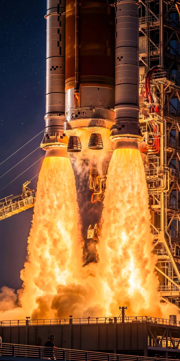 This spectacular Rocket Launch 4K wallpaper captures the powerful moment of a spacecraft lifting off with massive fiery exhaust against a dark, starry night sky, making it an incredible iPhone wallpaper. | rocket space iphone booster nasa mobile 4k wallpaper hd wallpaper astronomy sls liftoff space launch This spectacular Rocket Launch 4K wallpaper captures the powerful moment of a spacecraft lifting off with massive fiery exhaust against a dark, starry night sky, making it an incredible iPhone wallpaper.
