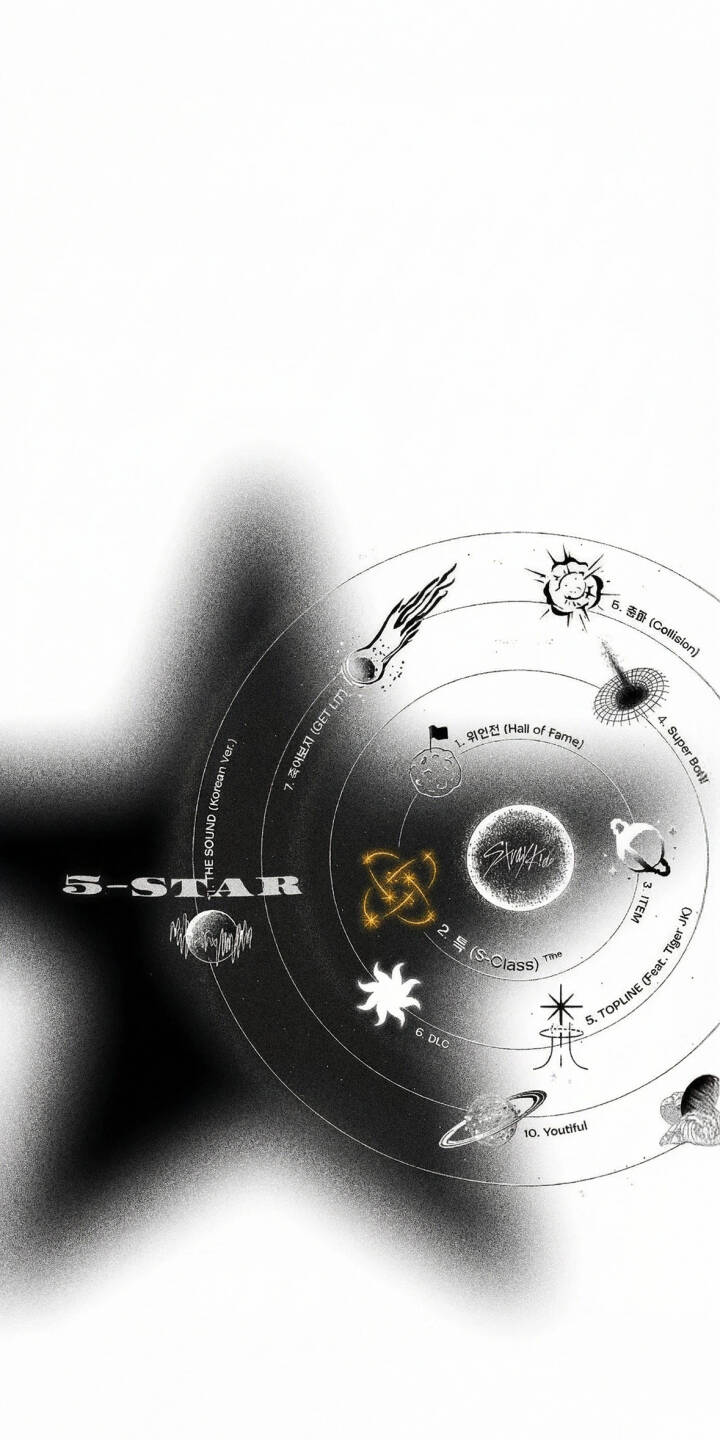 Immerse your iPhone with this stunning Stray Kids 5-STAR 4K wallpaper, featuring a cosmic-themed album art with a detailed tracklist design and the iconic Stray Kids logo. This high-resolution wallpaper captures the unique gritty texture and bold '5-STAR' title, perfect for fans. | aesthetic iphone mobile kpop stray kids 4k wallpaper hd wallpaper album art cosmic 5-star skz Immerse your iPhone with this stunning Stray Kids 5-STAR 4K wallpaper, featuring a cosmic-themed album art with a detailed tracklist design and the iconic Stray Kids logo. This high-resolution wallpaper captures the unique gritty texture and bold '5-STAR' title, perfect for fans.