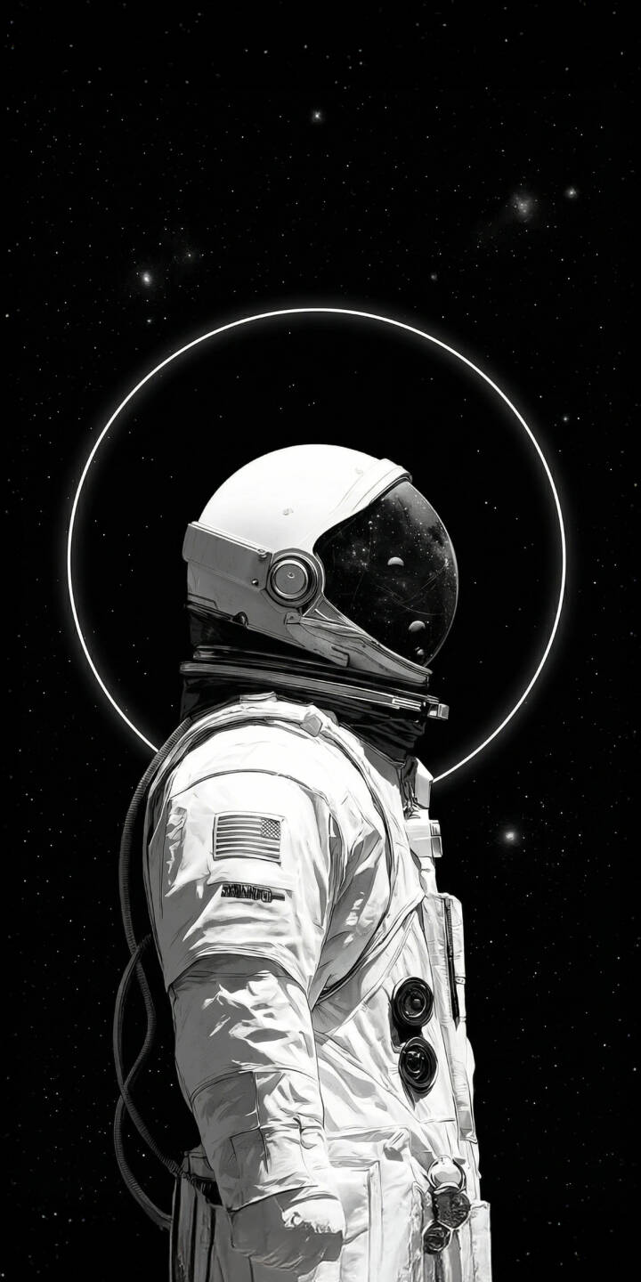Immerse yourself in the cosmos with this stunning Astronaut 4K wallpaper, perfect for your iPhone and beyond. Featuring a lone astronaut in a detailed white suit with an American flag patch, set against a dark, starry backdrop with a glowing halo, this striking space wallpaper captures the solitude of exploration. | astronaut space iphone galaxy minimalist stars mobile 4k wallpaper hd wallpaper spaceman cosmos sci-fi Immerse yourself in the cosmos with this stunning Astronaut 4K wallpaper, perfect for your iPhone and beyond. Featuring a lone astronaut in a detailed white suit with an American flag patch, set against a dark, starry backdrop with a glowing halo, this striking space wallpaper captures the solitude of exploration.