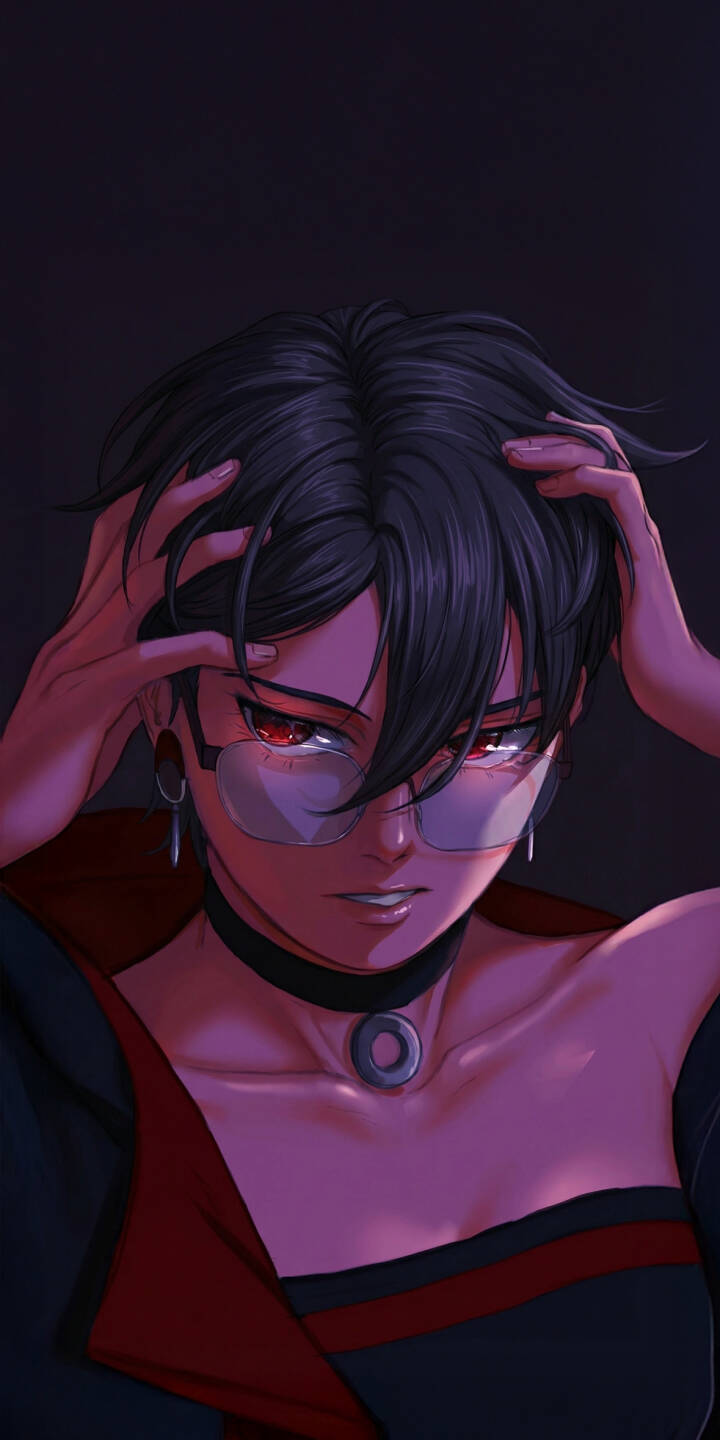 Elevate your iPhone screen with this stunning dark anime girl 4K wallpaper, featuring intense red eyes behind clear glasses and hands running through her short black hair, all highlighted by dramatic purple lighting. This captivating wallpaper is perfect for personalizing your device. | aesthetic glasses iphone short hair anime girl red eyes mobile 4k wallpaper hd wallpaper choker dark anime anime art Elevate your iPhone screen with this stunning dark anime girl 4K wallpaper, featuring intense red eyes behind clear glasses and hands running through her short black hair, all highlighted by dramatic purple lighting. This captivating wallpaper is perfect for personalizing your device.