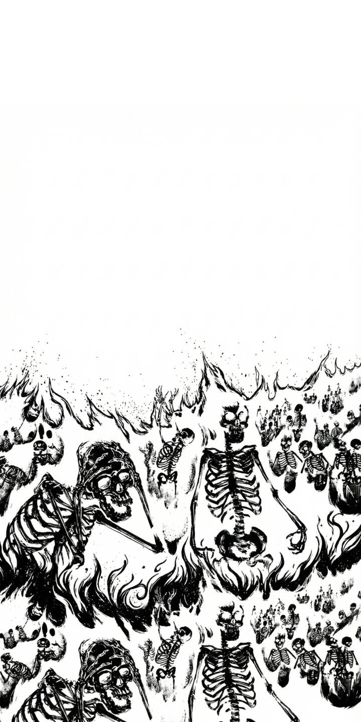 Immerse your iPhone with this striking 4K wallpaper featuring a horde of skeletal figures engulfed in gritty, stylized flames, rendered in a stark black and white art style. This powerful inferno skeletons wallpaper showcases menacing bone structures and intricate flame details, perfect for a bold and dark aesthetic on your device. | skull iphone horror mobile flames 4k wallpaper hd wallpaper monochrome underworld dark art skeletons burning skeletons Immerse your iPhone with this striking 4K wallpaper featuring a horde of skeletal figures engulfed in gritty, stylized flames, rendered in a stark black and white art style. This powerful inferno skeletons wallpaper showcases menacing bone structures and intricate flame details, perfect for a bold and dark aesthetic on your device.