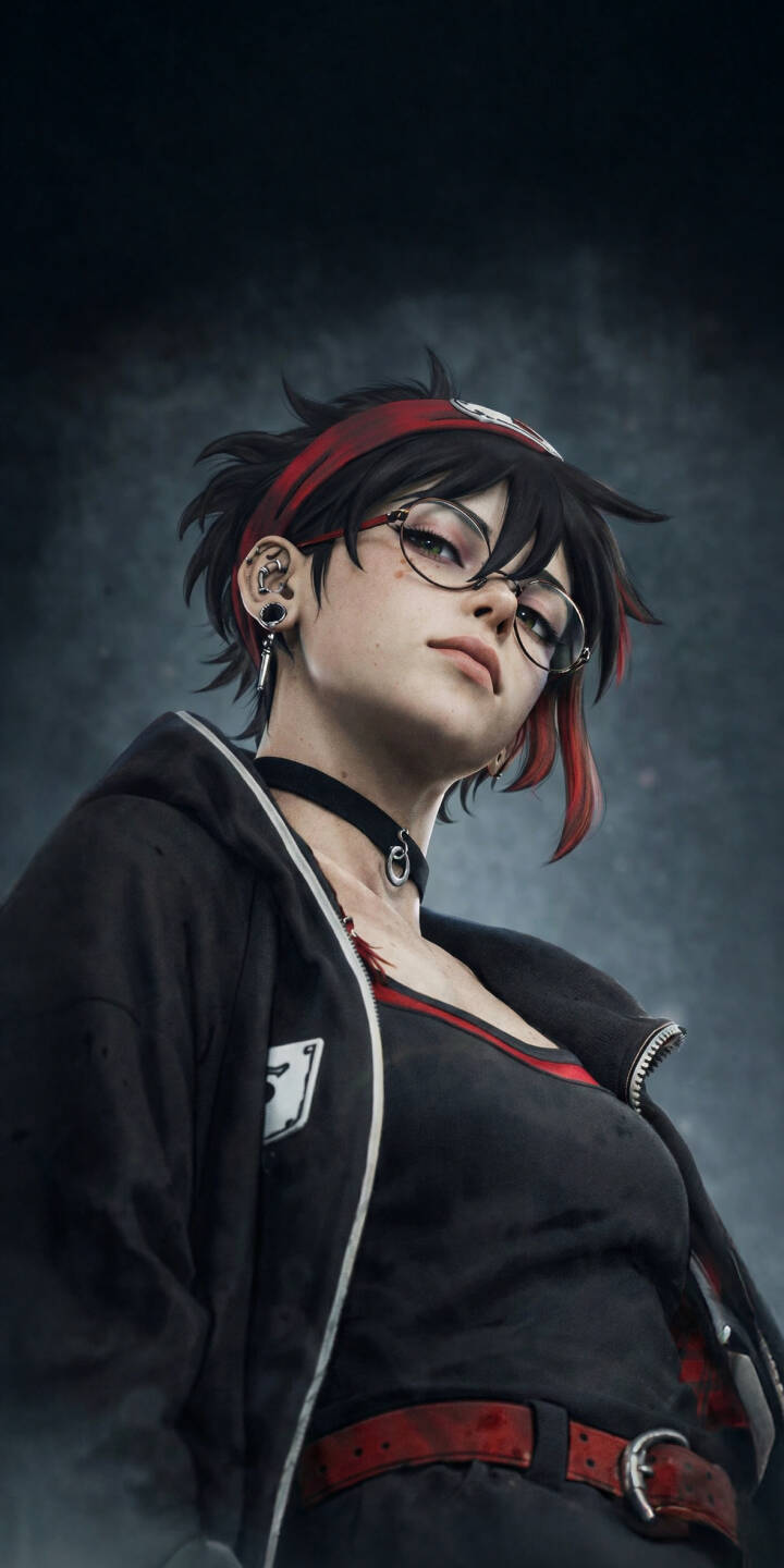 Elevate your device's aesthetic with this striking Edgy Anime Girl 4K wallpaper, perfect for iPhone. This captivating wallpaper features the character's edgy look with short black hair, vibrant red streaks, trendy glasses, and intricate ear piercings, all complemented by her confident gaze and stylish black hoodie. | portrait cool girl iphone red hair mobile 4k wallpaper hd wallpaper anime wallpaper dark aesthetic piercings glasses girl edgy anime girl Elevate your device's aesthetic with this striking Edgy Anime Girl 4K wallpaper, perfect for iPhone. This captivating wallpaper features the character's edgy look with short black hair, vibrant red streaks, trendy glasses, and intricate ear piercings, all complemented by her confident gaze and stylish black hoodie.