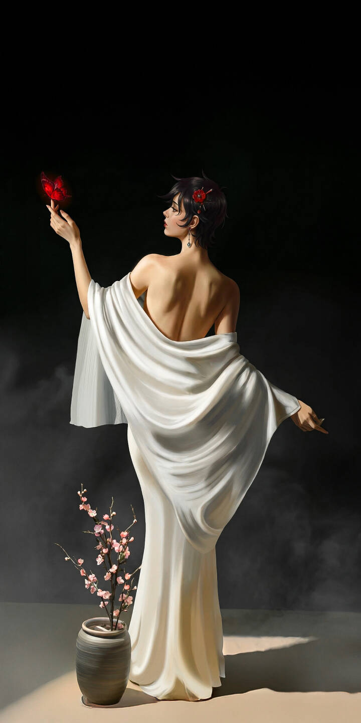 Immerse yourself in this stunning 4K wallpaper featuring an elegant woman in a flowing white gown, back gracefully exposed, delicately holding a radiant red butterfly. This artistic wallpaper, perfect for your iPhone, beautifully captures the intricate details of her red hair ornament and the subtle cherry blossoms in a vase beside her. | aesthetic cherry blossom portrait iphone artistic mobile 4k wallpaper hd wallpaper dark background white dress elegant woman red butterfly Immerse yourself in this stunning 4K wallpaper featuring an elegant woman in a flowing white gown, back gracefully exposed, delicately holding a radiant red butterfly. This artistic wallpaper, perfect for your iPhone, beautifully captures the intricate details of her red hair ornament and the subtle cherry blossoms in a vase beside her.