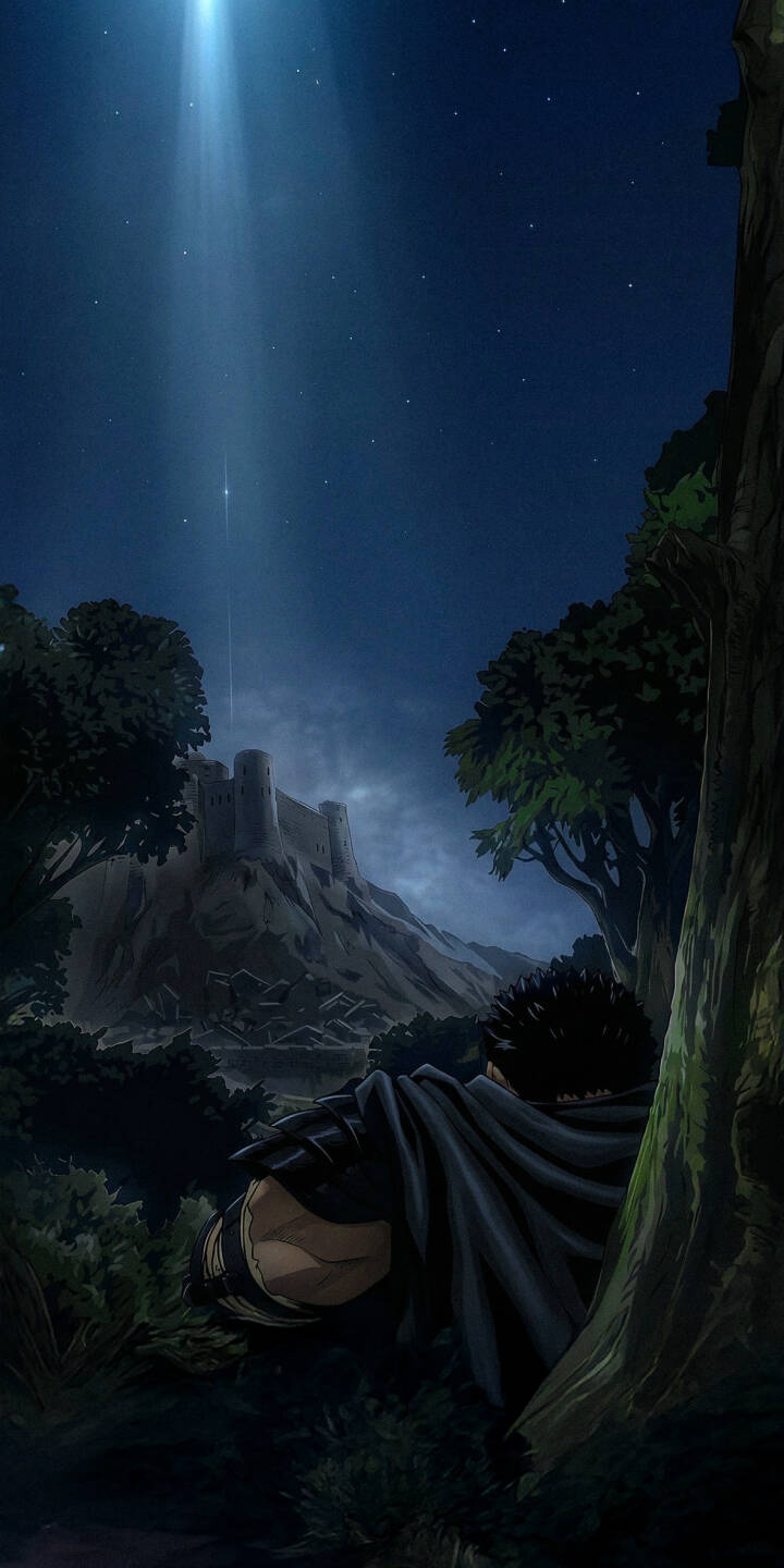 Immerse your iPhone with this stunning Guts 4K wallpaper, featuring the iconic swordsman in his dark cloak gazing upon a distant castle under a mysterious celestial light. This captivating Berserk wallpaper provides a dramatic backdrop for your mobile device, highlighting the somber mood of the night scene. | night sky manga castle iphone guts berserk mobile 4k wallpaper hd wallpaper anime wallpaper dark fantasy celestial light Immerse your iPhone with this stunning Guts 4K wallpaper, featuring the iconic swordsman in his dark cloak gazing upon a distant castle under a mysterious celestial light. This captivating Berserk wallpaper provides a dramatic backdrop for your mobile device, highlighting the somber mood of the night scene.