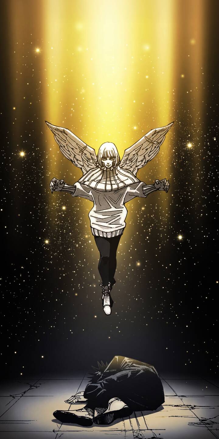 Elevate your iPhone with this stunning 4K wallpaper featuring The Angel radiating golden light as she floats above a fallen Megumi Fushiguro against a dramatic starry background. This captivating Jujutsu Kaisen wallpaper brings an epic scene to your mobile screen, showcasing the powerful visual contrast between the ascending figure and the grounded character. | iphone mobile angelic 4k wallpaper hd wallpaper anime wallpaper golden light manga wallpaper jujutsu kaisen megumi fushiguro the angel kurusu hana Elevate your iPhone with this stunning 4K wallpaper featuring The Angel radiating golden light as she floats above a fallen Megumi Fushiguro against a dramatic starry background. This captivating Jujutsu Kaisen wallpaper brings an epic scene to your mobile screen, showcasing the powerful visual contrast between the ascending figure and the grounded character.