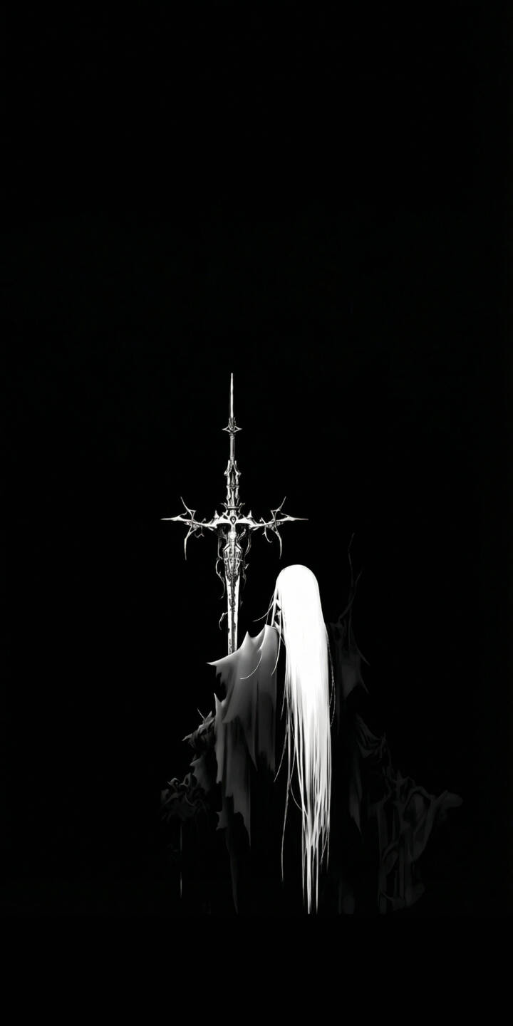 Elevate your device with this stunning Dark Sword Figure 4K wallpaper, showcasing a mysterious warrior with long white hair and a formidable, spike-adorned sword against a stark black background. This dramatic wallpaper is perfect for your iPhone, bringing a unique dark fantasy aesthetic to your mobile screen. | iphone minimalist black and white mobile 4k wallpaper hd wallpaper mysterious fantasy art ethereal dark sword figure gothic warrior sword wallpaper Elevate your device with this stunning Dark Sword Figure 4K wallpaper, showcasing a mysterious warrior with long white hair and a formidable, spike-adorned sword against a stark black background. This dramatic wallpaper is perfect for your iPhone, bringing a unique dark fantasy aesthetic to your mobile screen.