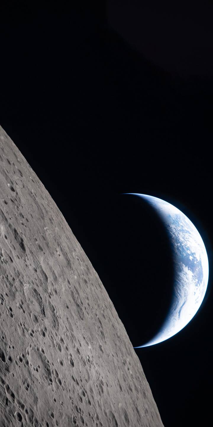 Experience the breathtaking beauty of Earthrise with this stunning 4K wallpaper, perfect for your iPhone. This high-resolution wallpaper captures the heavily cratered lunar surface in sharp detail, contrasting beautifully with the vibrant blue and white crescent Earth visible against the deep black void of space. | moon space planet earth universe iphone mobile 4k wallpaper hd wallpaper lunar earthrise crescent earth Experience the breathtaking beauty of Earthrise with this stunning 4K wallpaper, perfect for your iPhone. This high-resolution wallpaper captures the heavily cratered lunar surface in sharp detail, contrasting beautifully with the vibrant blue and white crescent Earth visible against the deep black void of space.